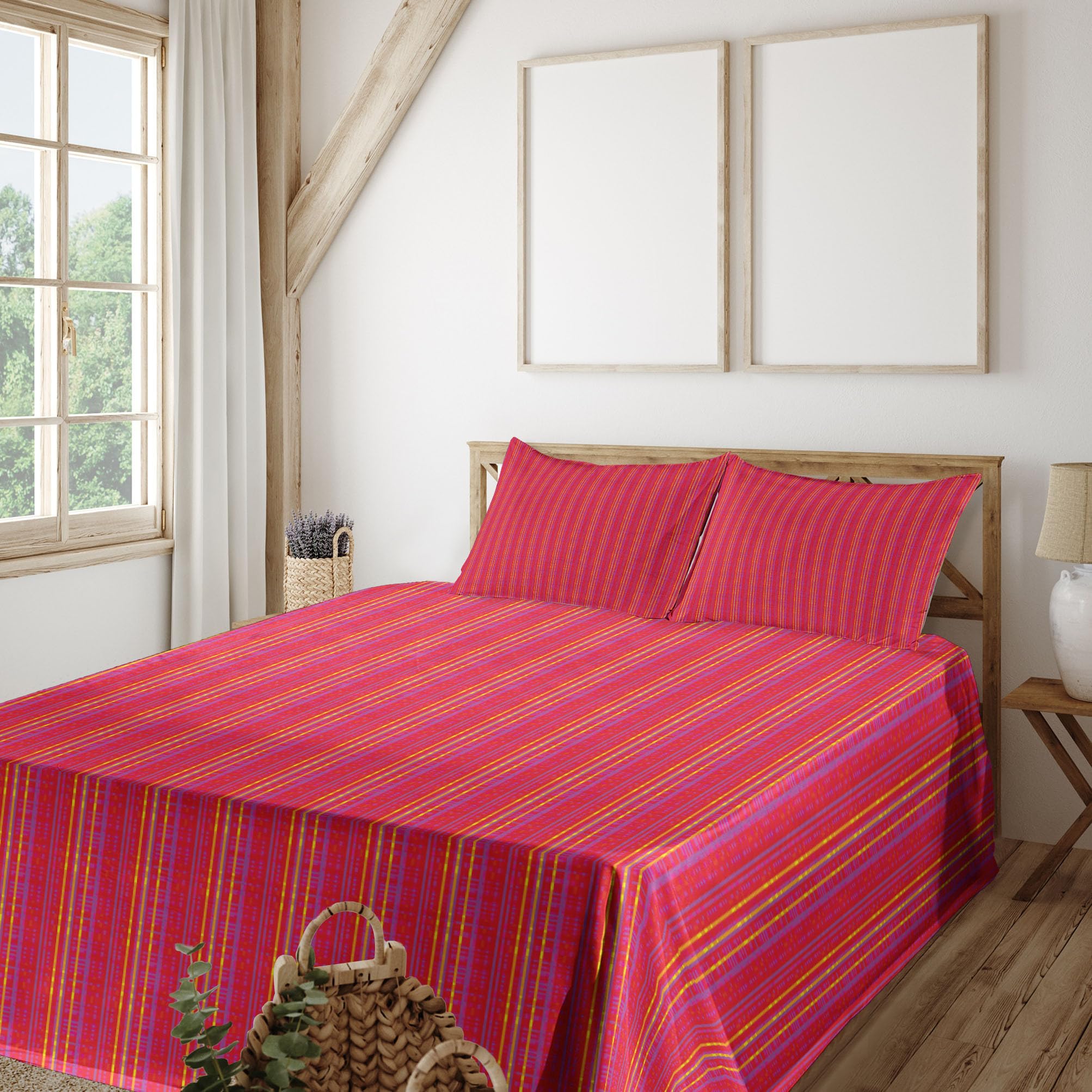 Ambesonne Abstract King Size 4-Piece Sheet Set - Funky Contemporary Vertical & Horizontal Streaks in Dark Coral & Yellow - Fitted Sheet, Flat Sheet & 2 Pillowcases - Modern Bedroom Decor for Guest Rooms, Dorms & Master Suites
