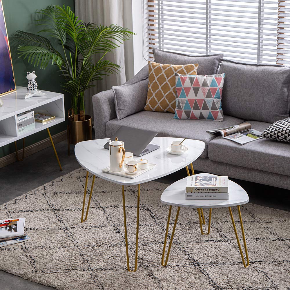 Modern White Marble & Metal Nesting Coffee Tables Set of 2 - Minimalist End/Side Tables for Living Room, Sofa & Home Office - Perfect for Small Spaces, Lounge Areas & Contemporary Decor
