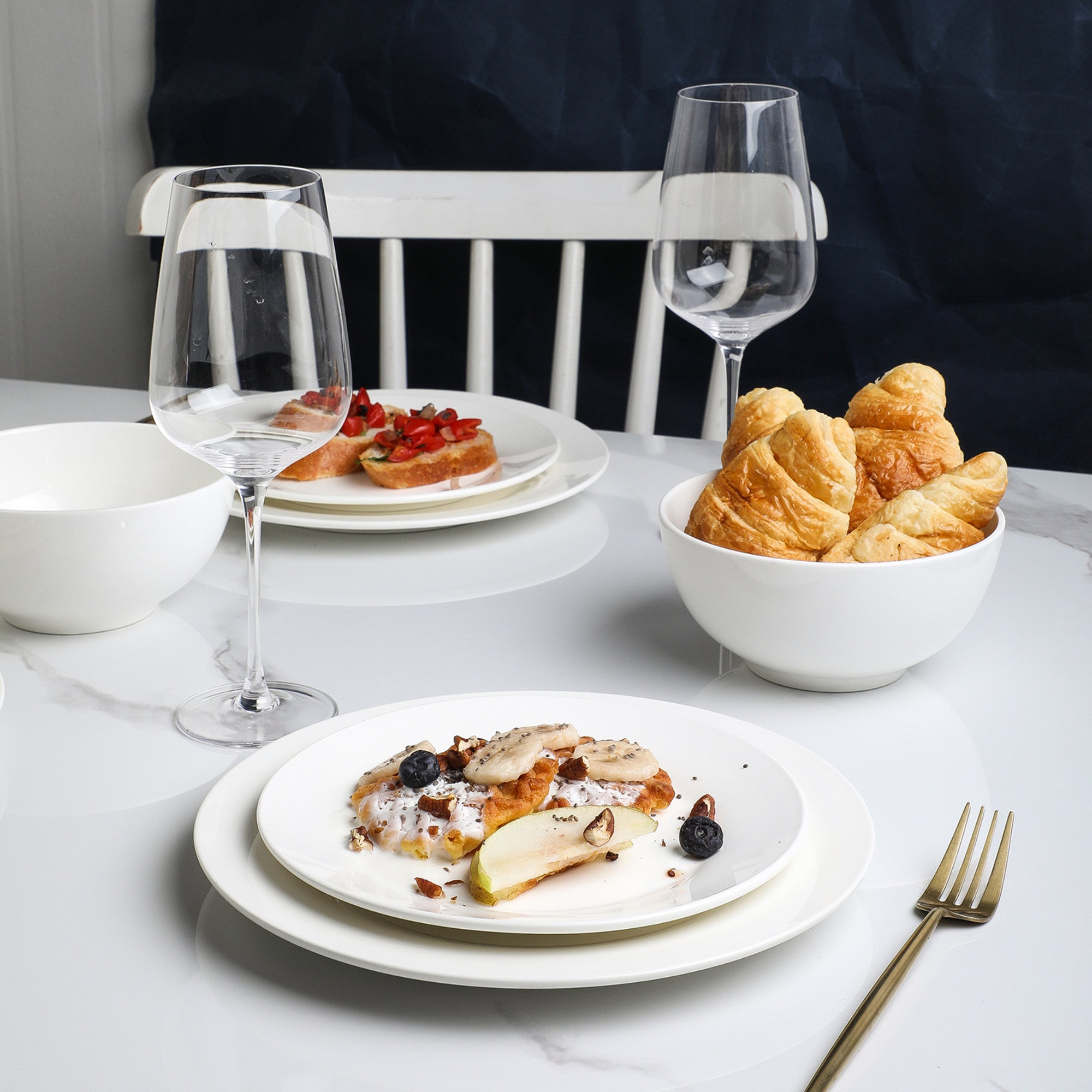 Evermore Porcelain Dinnerware Set - 16-Piece White Dinner Plates, Bowls & Mugs - Elegant Bone China for Formal Dining, Wedding Registry & Holiday Entertaining