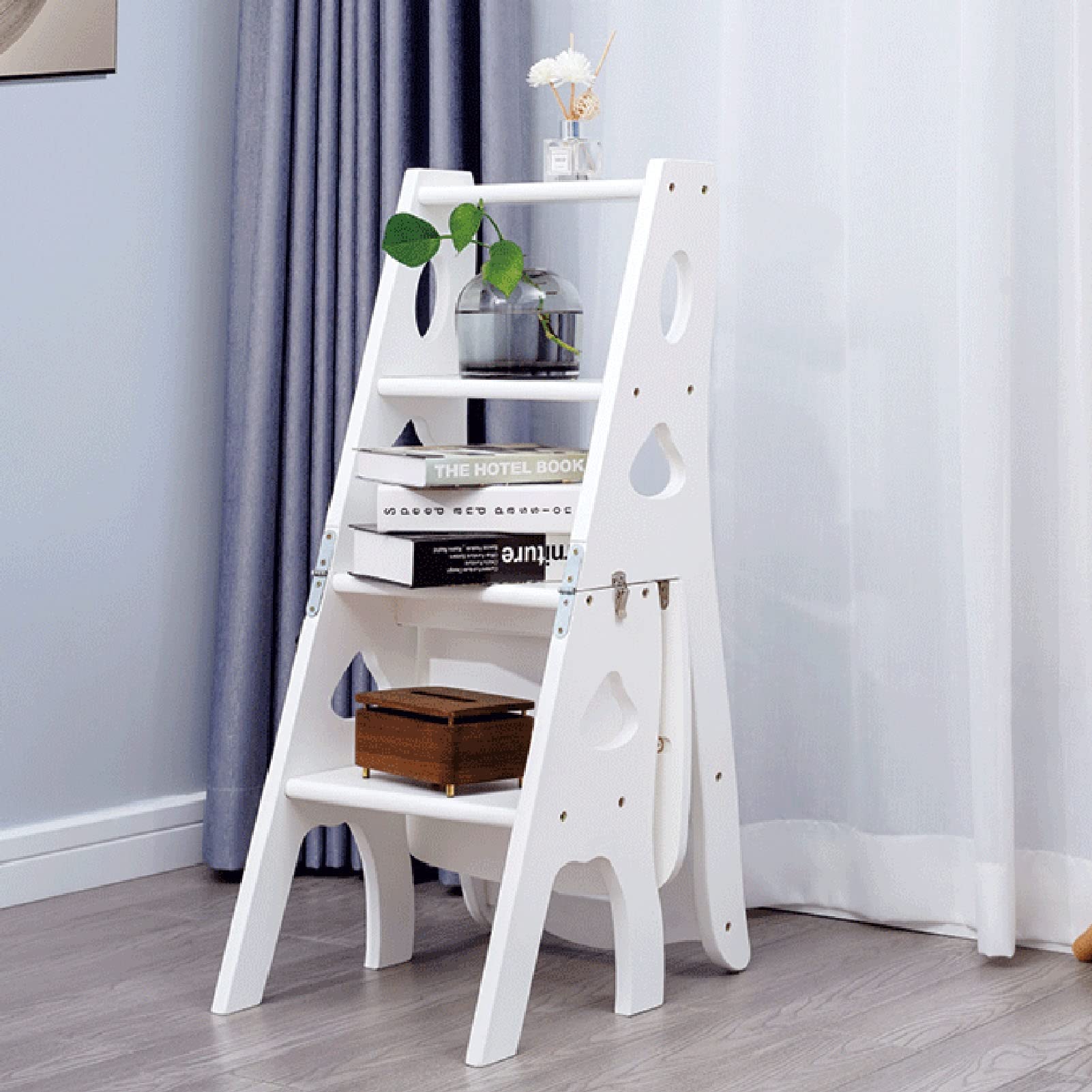 4-Step Wooden Folding Step Stool - Foldable Foot Stool, Shoe Bench & Flower Stand - Safe Home Ladder for Kids & Adults - Perfect for Bathroom, Kitchen, Closet & Garden Use