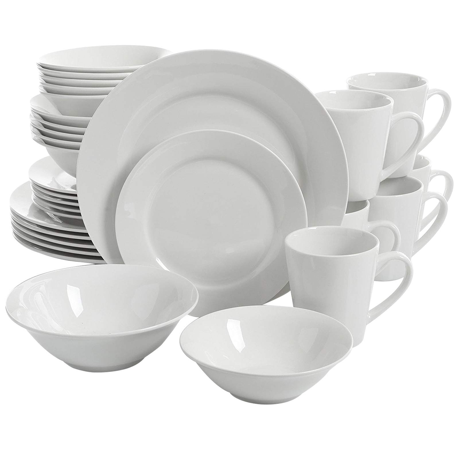 30-Piece White Ceramic Dinnerware Set - Modern & Contemporary Round Plates, Bowls, Mugs - Microwave & Dishwasher Safe - Perfect for Family Dinners, Parties & Everyday Use