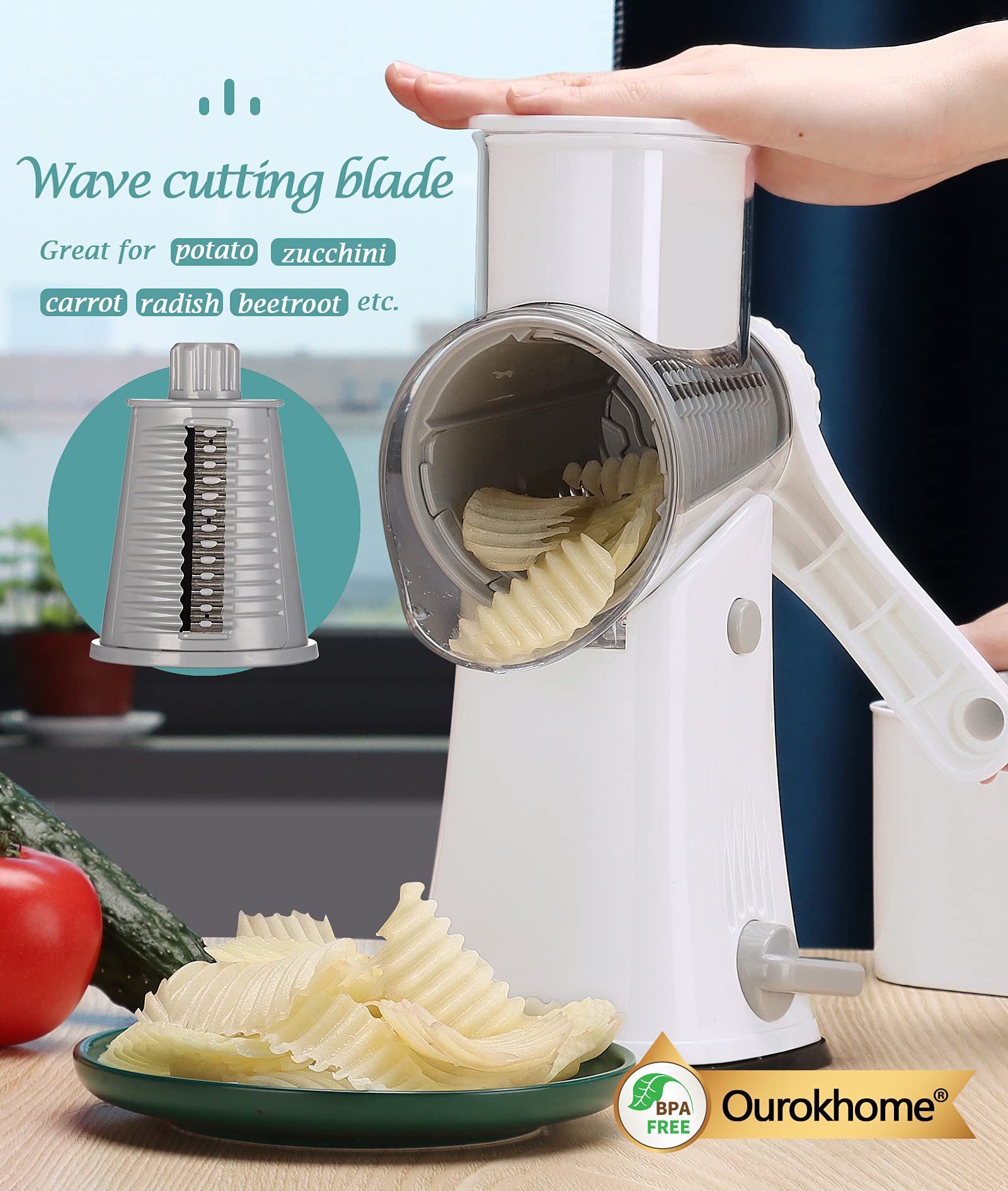 5-in-1 Rotary Cheese Grater Shredder - Manual Kitchen Mandolin Slicer for Cheese, Vegetables, Nuts & More | Perfect for Grating Parmesan, Shredding Carrots, Slicing Cucumbers & Making Hash Browns | Ideal for Home Cooking, Meal Prep & Salad Making