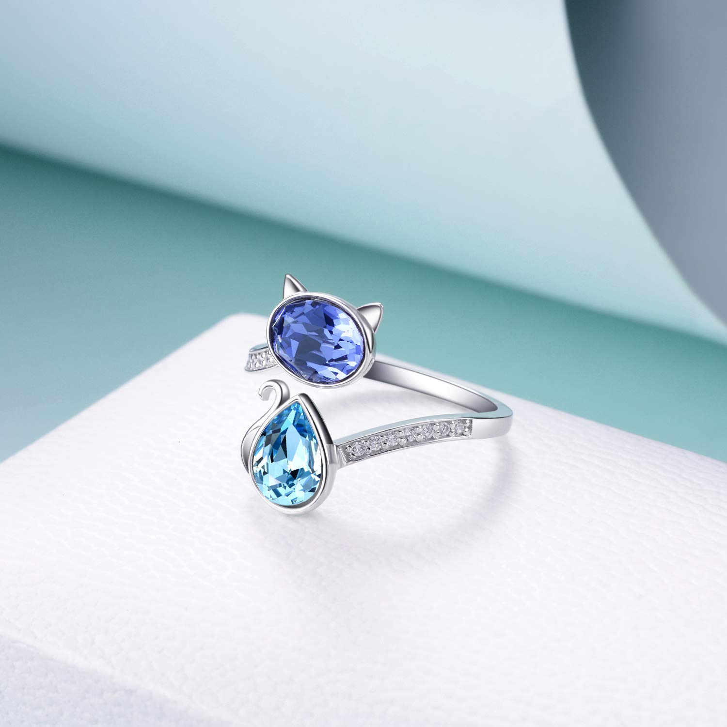 OBOCO Sterling Silver Cat Jewelry Set - Blue Purple Austrian Crystal Adjustable Ring & Stud Earrings | Adorable Kitten Pet Jewelry for Cat Lovers | Perfect Anniversary Gift for Women | Great for Casual Wear, Date Nights & Cat-Themed Parties