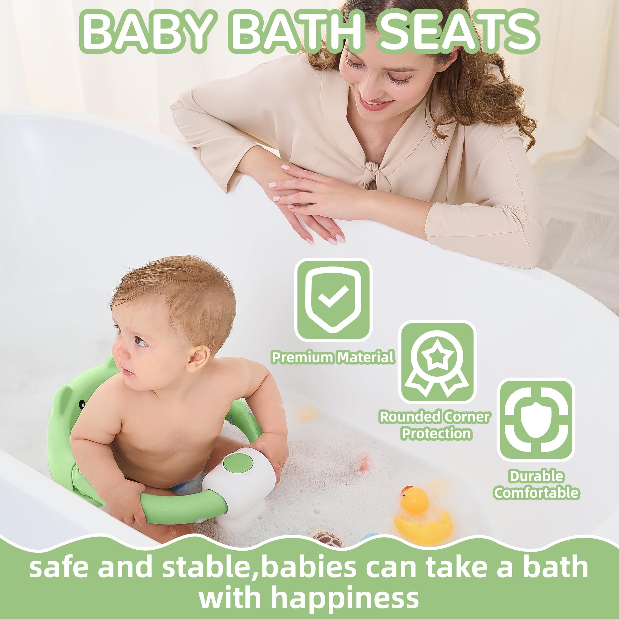 **Non-Slip Baby Bath Seat for Infants 6+ Months – Safe Toddler Bathtub Chair with 4 Suction Cups & Soft Cushion – Perfect for Newborns Learning to Sit Up – Ideal for Shower & Bath Time (Green)**