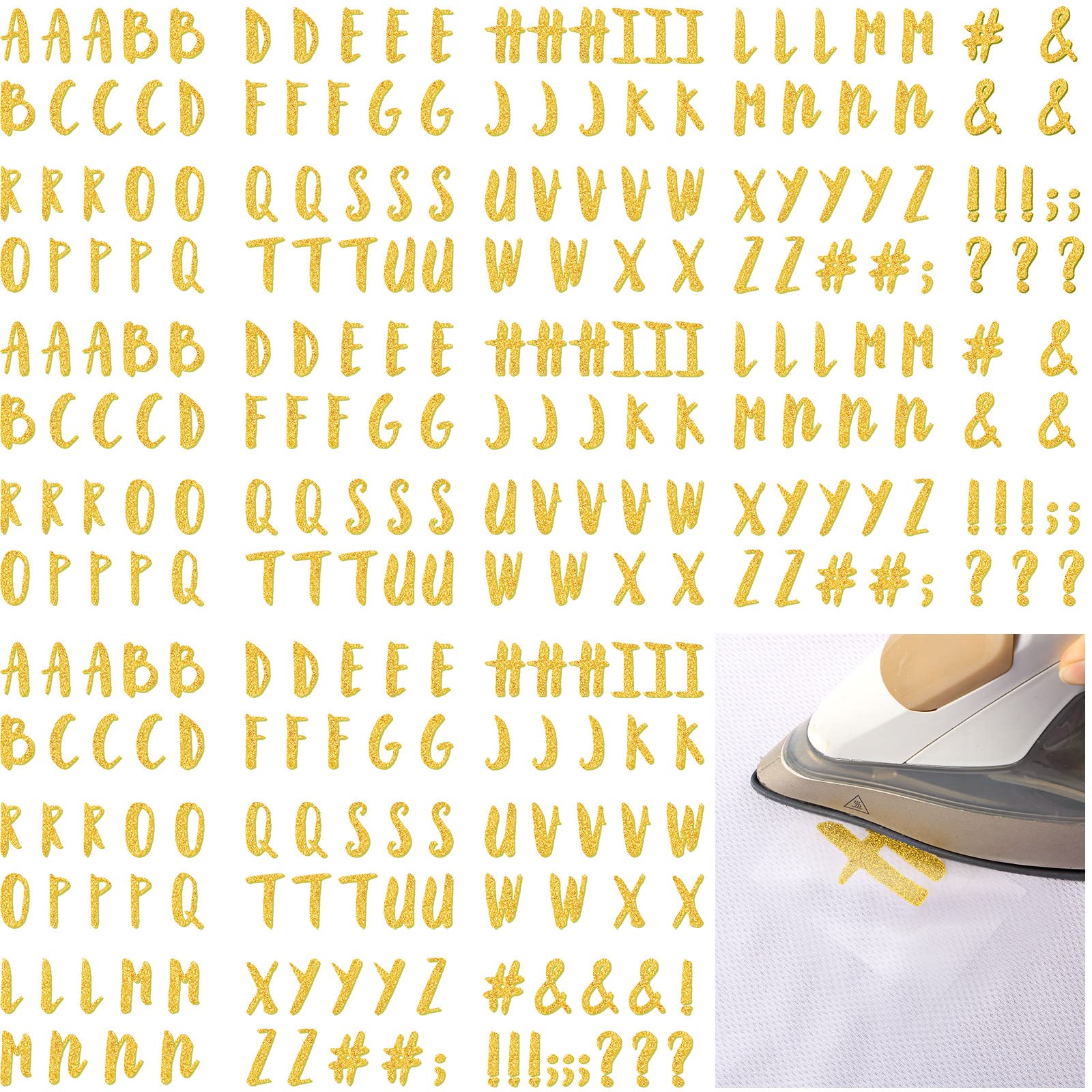 279 Pieces 1.5 Inch Iron On Flock Letters A-Z - Glitter Gold Alphabet Transfer Letters for Christmas Stockings, Graduation Caps, DIY T-Shirts & Fabric Crafts