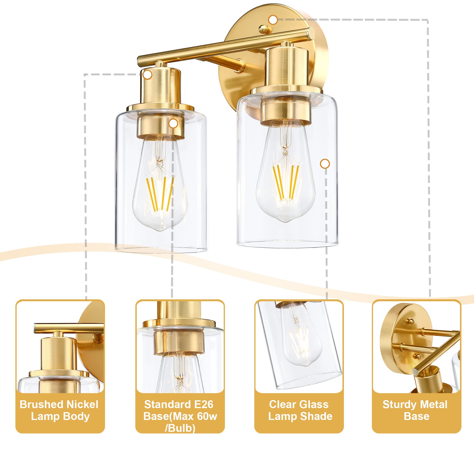 2-Light Gold Bathroom Vanity Light Fixture with Clear Glass Shades - Wall Sconce for Mirror Lighting in Bathroom, Bedroom, Living Room & Hallway | Modern Vanity Lighting for Home Decor