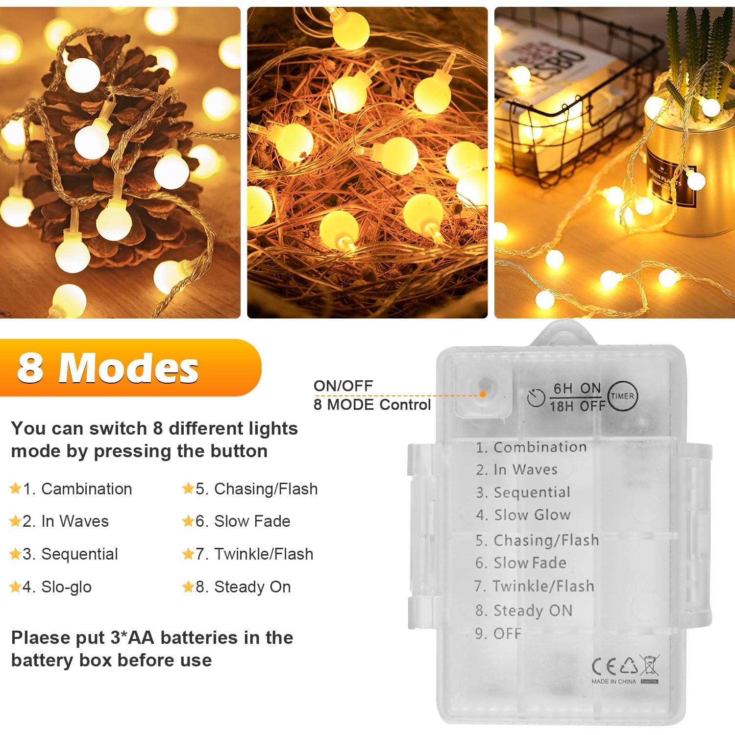 33ft 100 LED Battery Operated Christmas Lights with Remote & Timer - 8 Modes Waterproof Globe String Lights for Indoor Outdoor Decor, Camping, Parties, Weddings, and Holiday Lighting