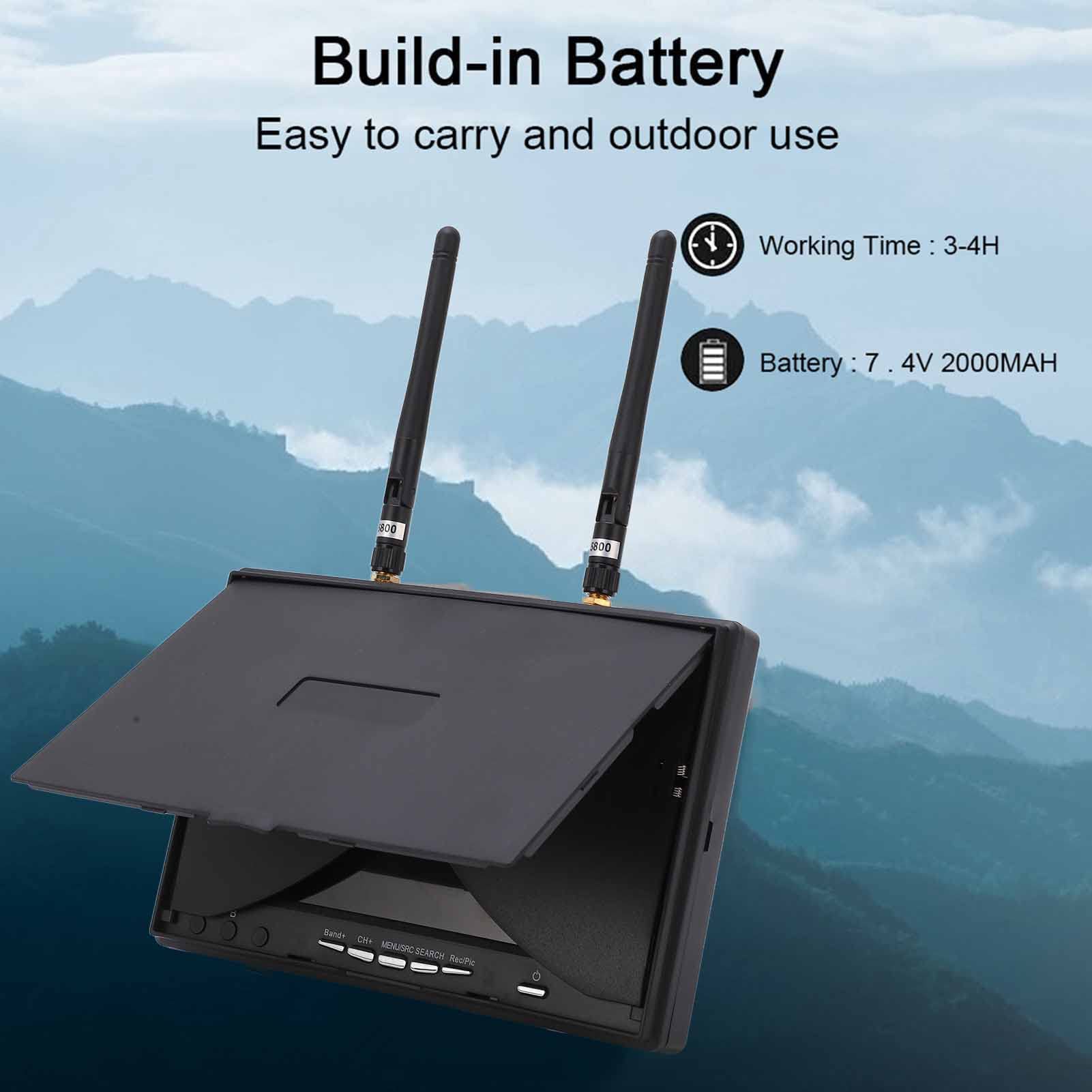 7 Inch FPV Monitor with 800x480 LCD Screen, 5.8GHz 40 Channels Dual Receiver for Drone Racing - Auto Antenna Switching, Ideal for FPV Drones, Quadcopters and RC Aircraft Flying