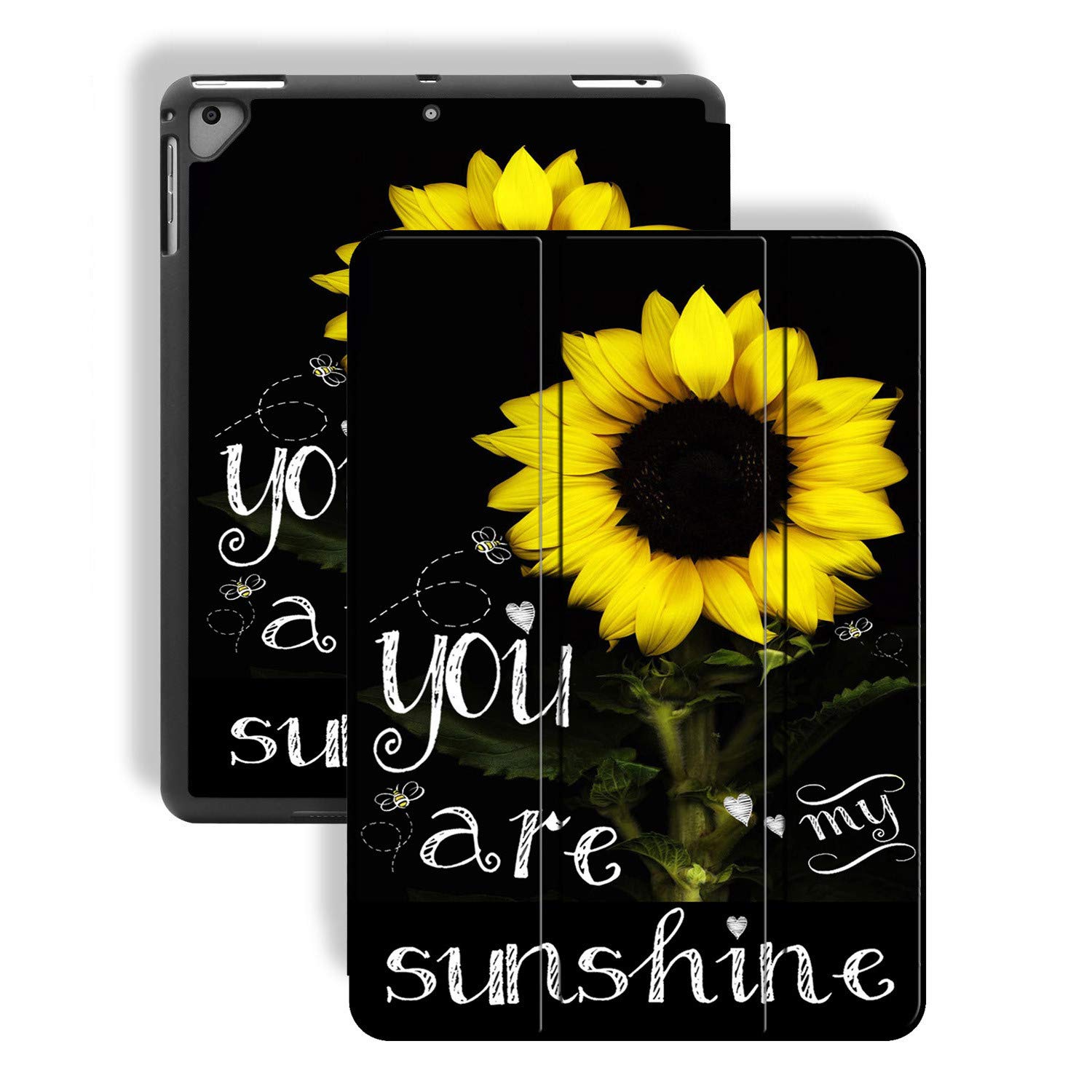 Premium PU Leather iPad 9.7 Case (2018/2017/Air 2/5th/6th Gen) - Slim Protective Cover with Auto Wake/Sleep & Pencil Holder - Sunflower Design for Work, School & Travel