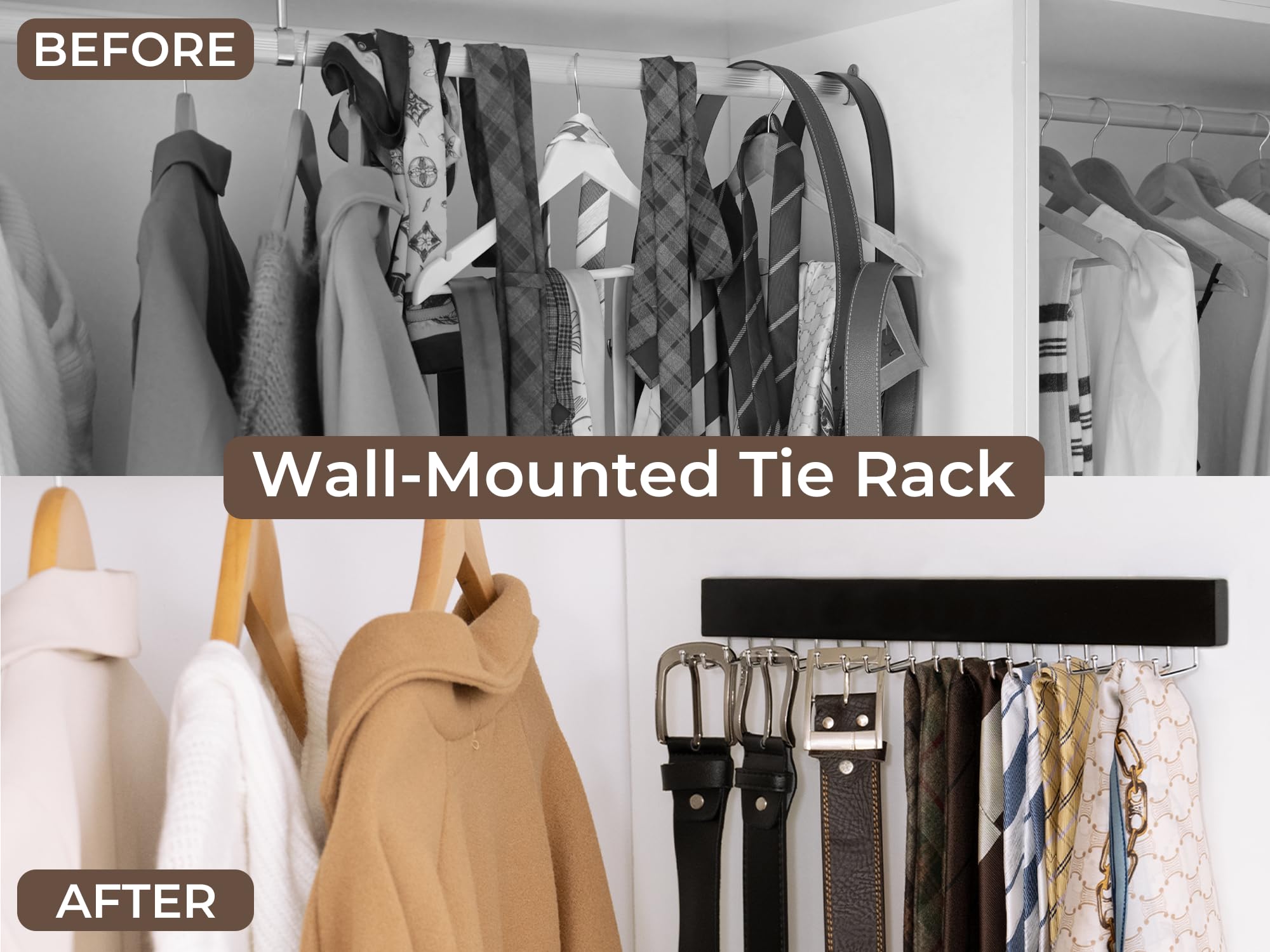 StorageWorks 2-Pack Wooden Tie Rack with 20 Hooks - Wall Mounted Organizer for Neckties, Belts, Hats & Accessories - Space Saving Closet Storage Solution for Home & Office (Black)