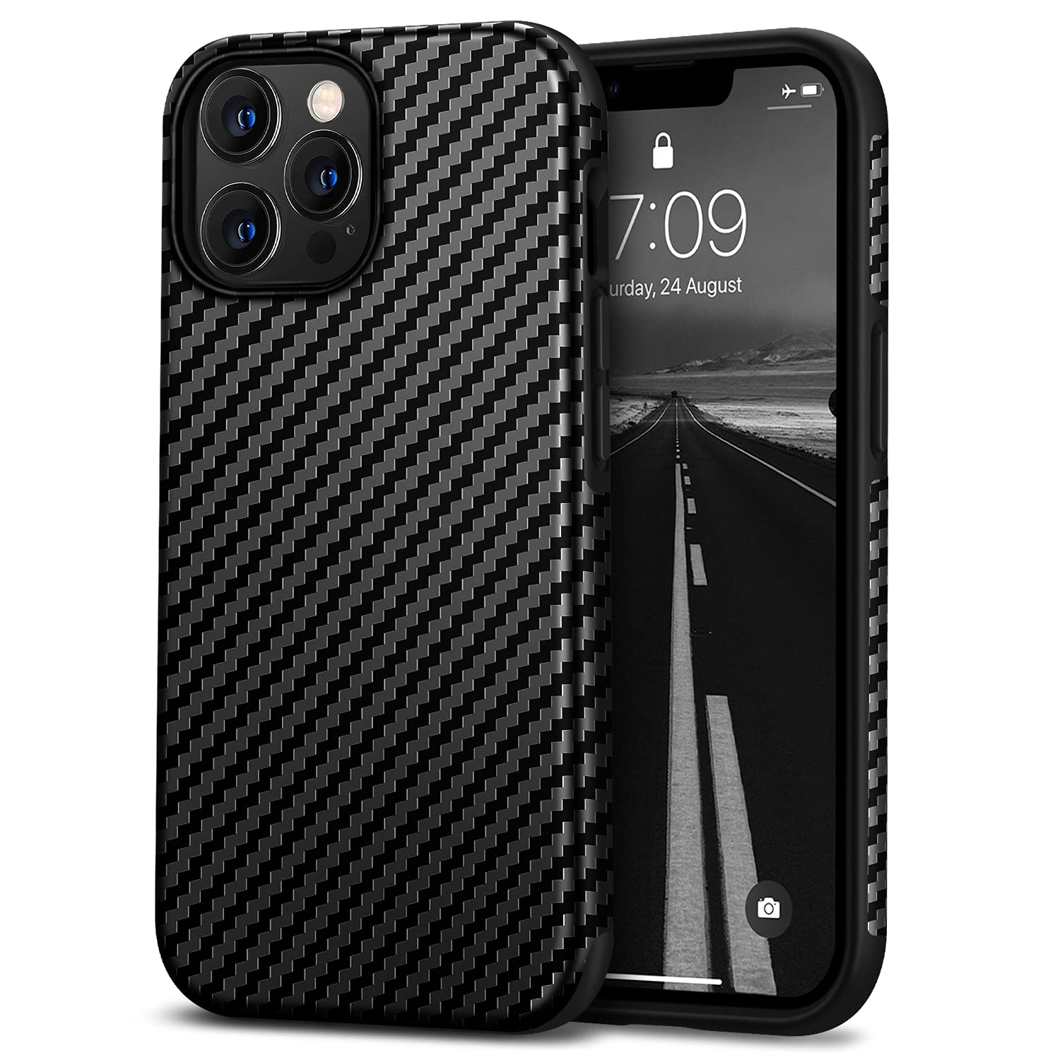Premium Tasikar Leather Case for iPhone 13 Pro - Carbon Fiber Texture with Silicone Bumper & Hard Back Cover | Protective 6.1