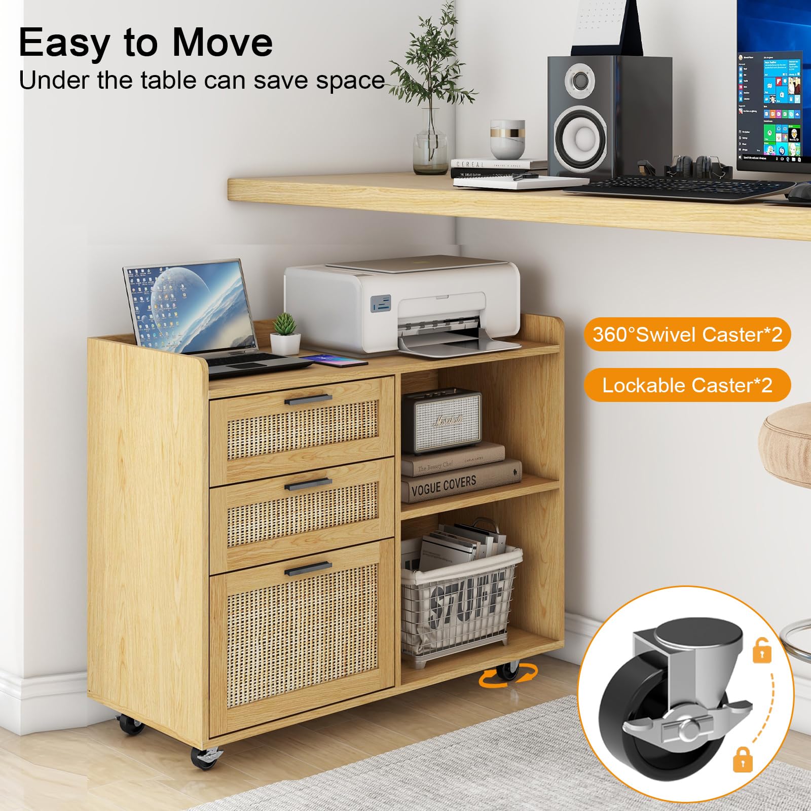 3-Drawer Mobile File Cabinet with Lock - Wooden Lateral Filing Cabinet & Printer Stand with Open Shelves for Home Office - Hanging File Storage for Letter/A4 Size Documents - Perfect for Workspace Organization & Small Office Storage