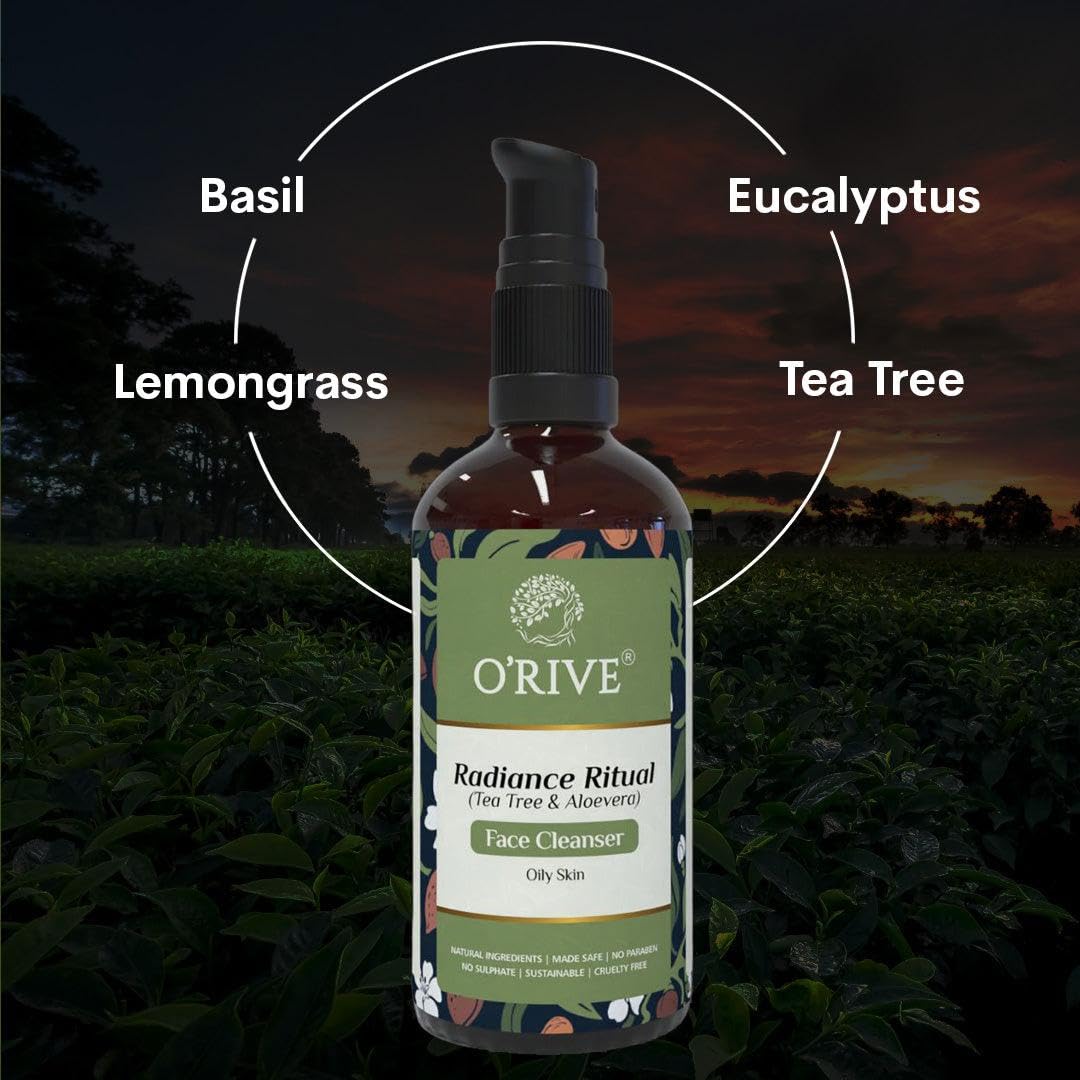 Orive Radiance Ritual Face Wash 50ml - Tea Tree & Aloe Vera Anti Acne Cleanser for Oily Sensitive Skin | Brightening, Oil Control, Blemish Removal | Gentle Daily Facial Cleanser for Clear Skin | Perfect for Morning & Night Skincare Routine