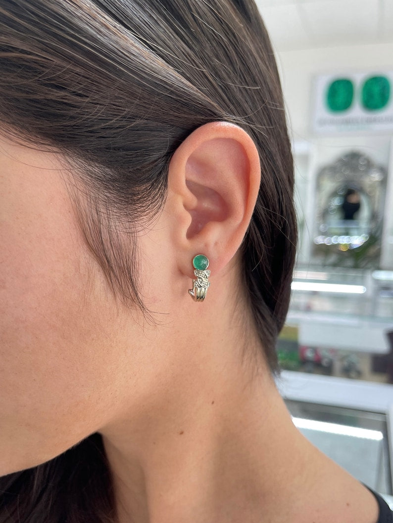 2.01tcw 14K Gold Emerald Cabochon Cut Diamond Accent Omega Hook Drop Earrings for Women - Elegant Dangle Earrings for Wedding, Party & Special Occasions