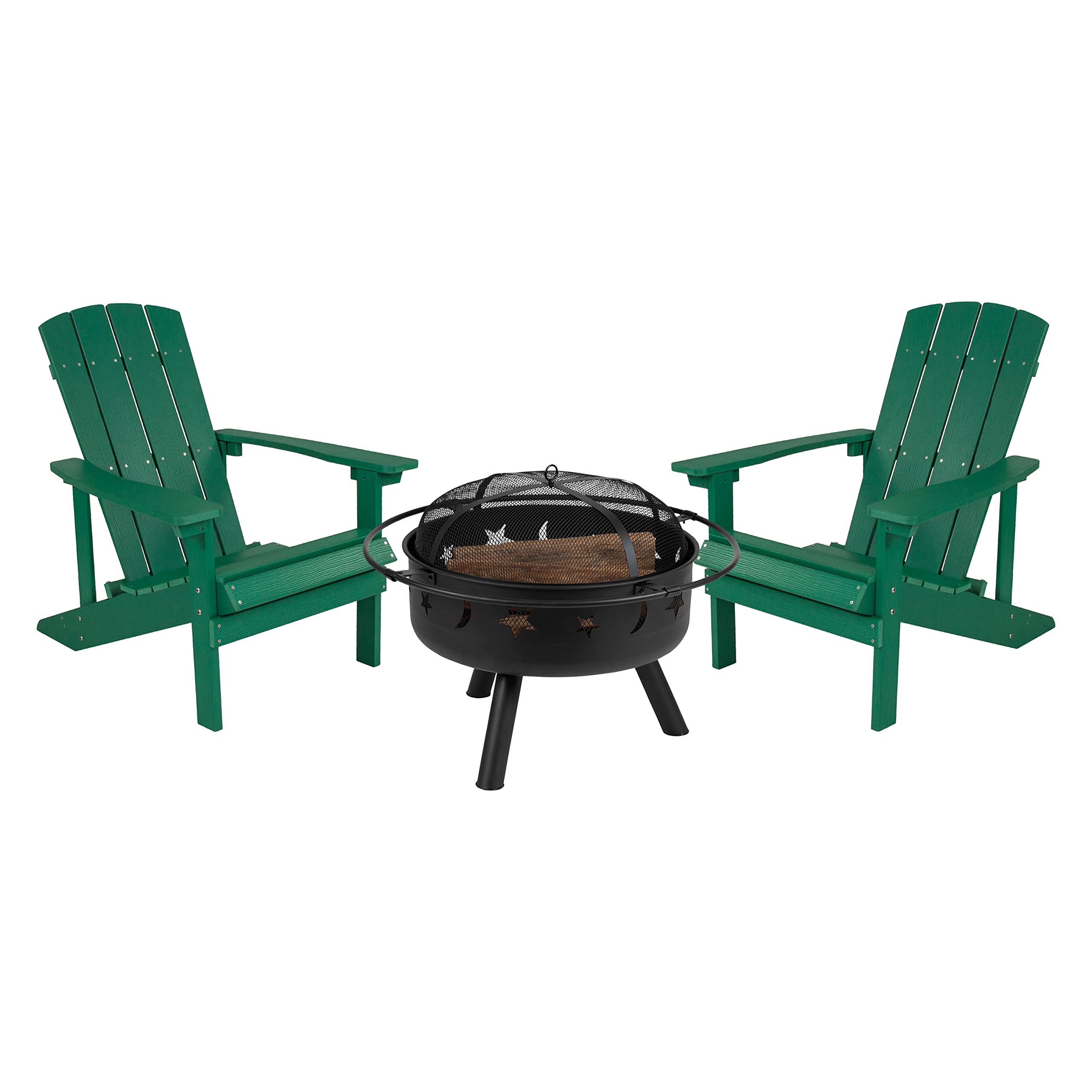 EMMA + OLIVER Campfire Set - 2 Green Poly Resin Adirondack Chairs & 29