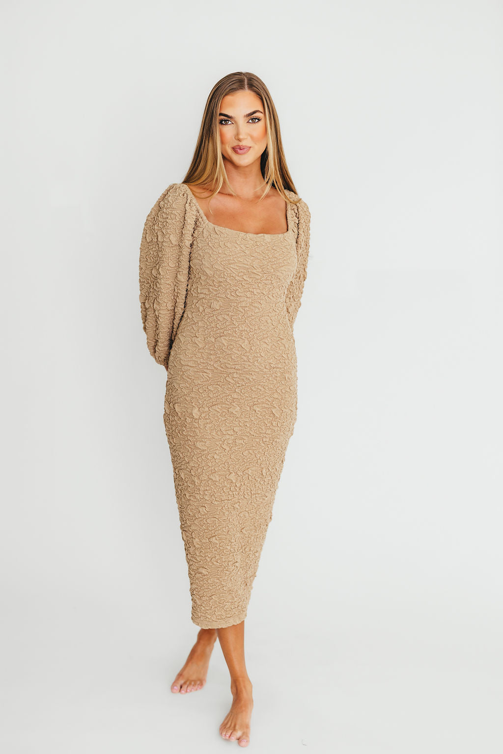 Darcy Square Neck Midi Dress in Taupe - Elegant Casual & Party Wear for Women | Perfect for Weddings, Date Nights & Office Outfits