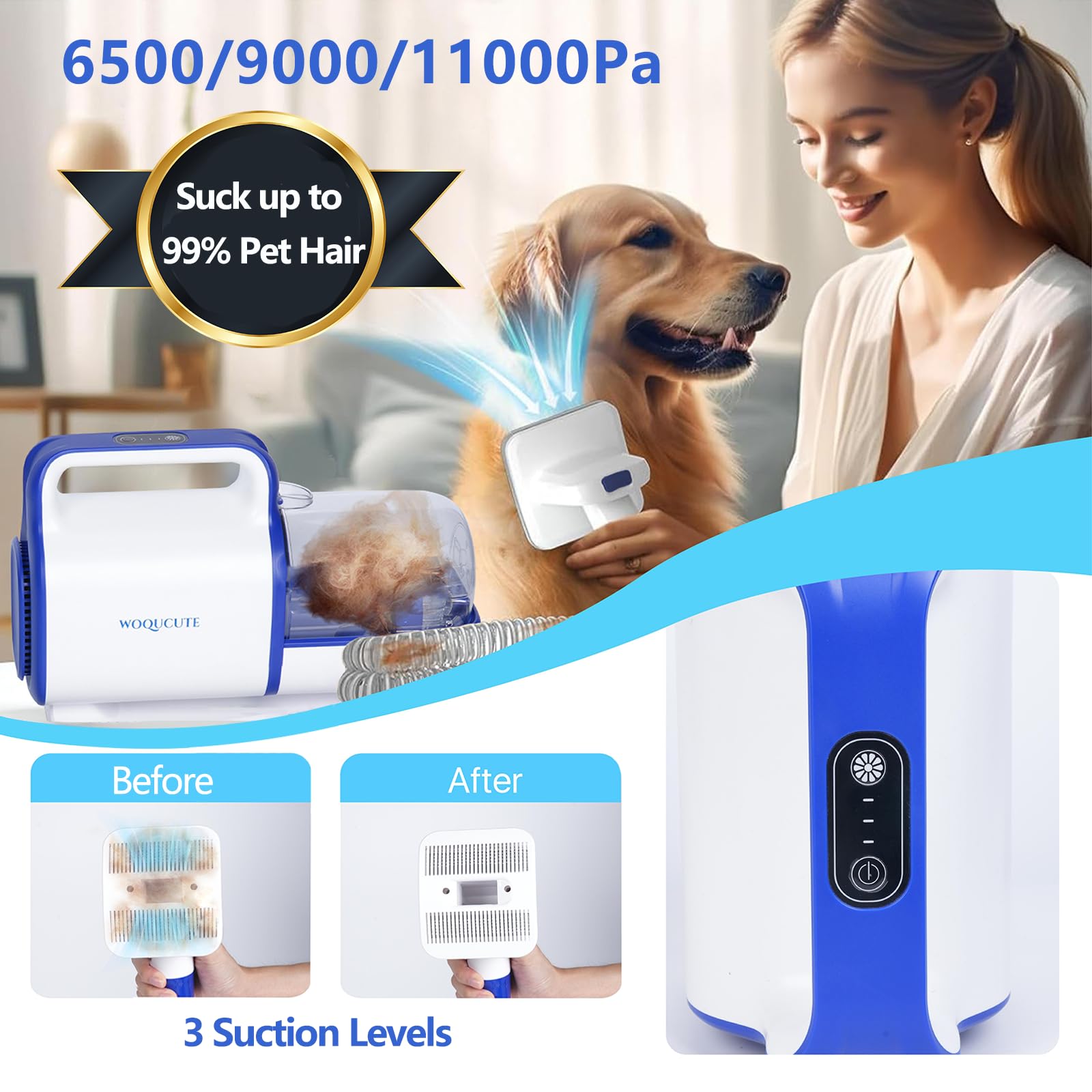 11000Pa Cordless Dog Grooming Vacuum Kit - Low Noise Pet Hair Vacuum for Dogs & Cats with Clipper, Trimmer & Nail Grinder | Perfect for Shedding Control & At-Home Pet Grooming