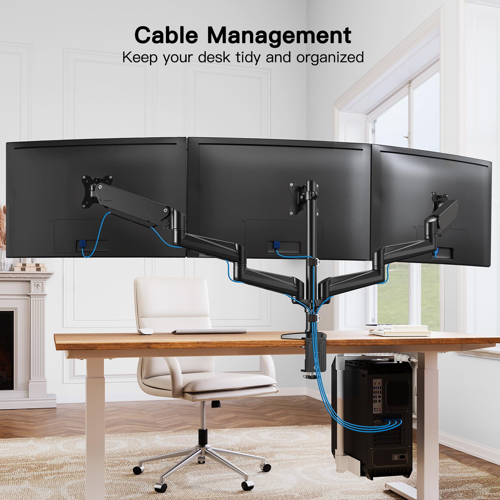 HUANUO Triple Monitor Stand for 17-32 Inch Screens - Adjustable Gas Spring Arm with Swivel, Tilt & Rotation - Heavy Duty Clamp & Grommet Mounting Kit (Black) - Perfect for Gaming, Office & Home Workstations