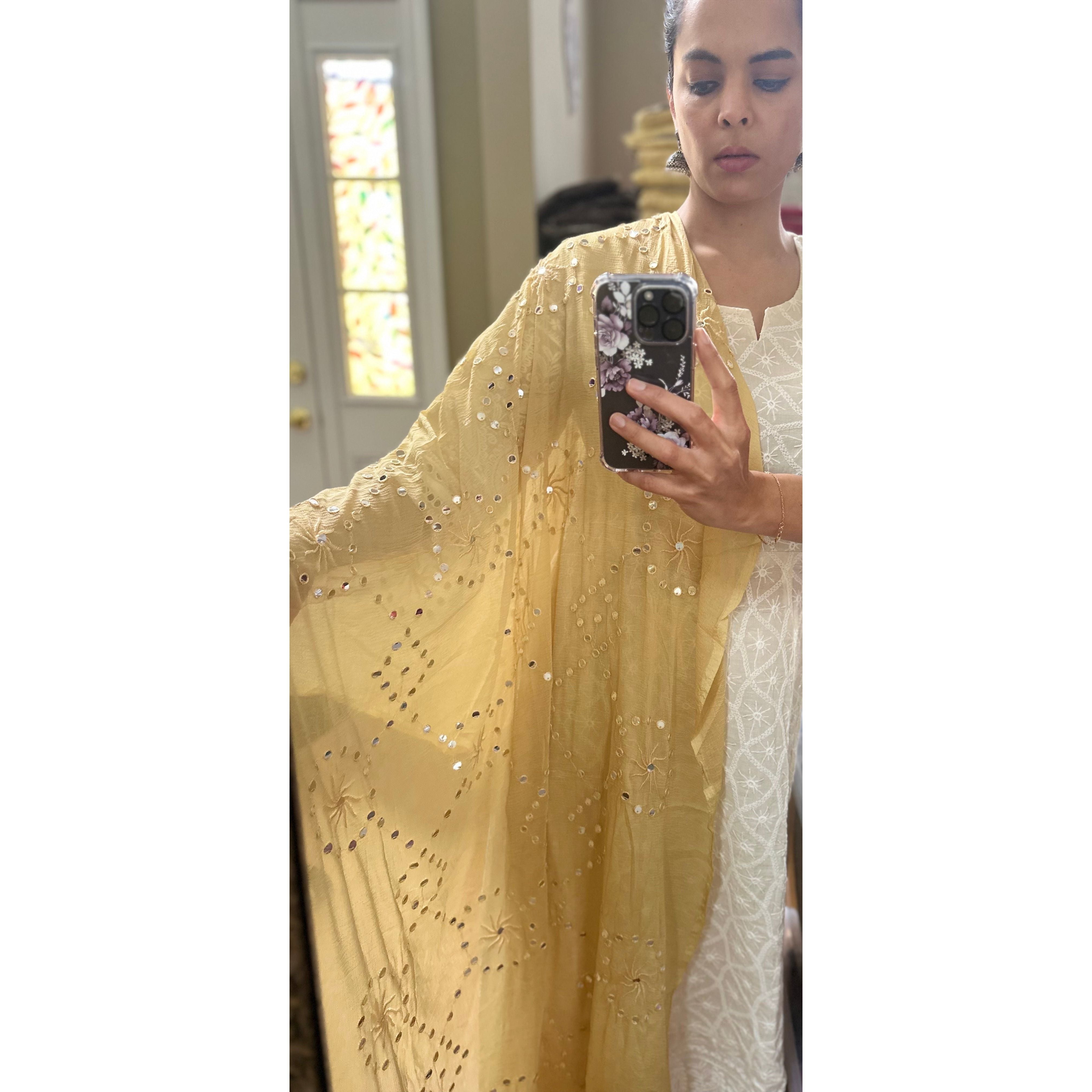 Elegant Gold Dupatta with Mirror Embroidery - Perfect for Weddings, Parties & Festive Occasions