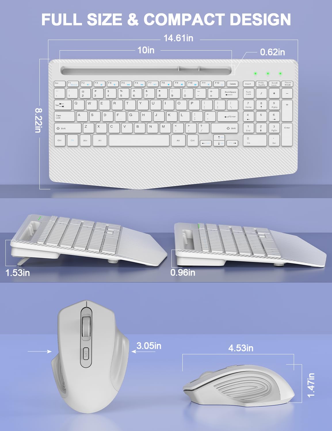 Ergonomic Wireless Keyboard and Mouse Combo with Wrist Rest - 2.4G Rechargeable Silent Cordless Keyboard Mouse for Windows Mac PC Laptop - Includes Phone Holder & Sleep Mode (White) | Perfect for Office, Home & Gaming Use