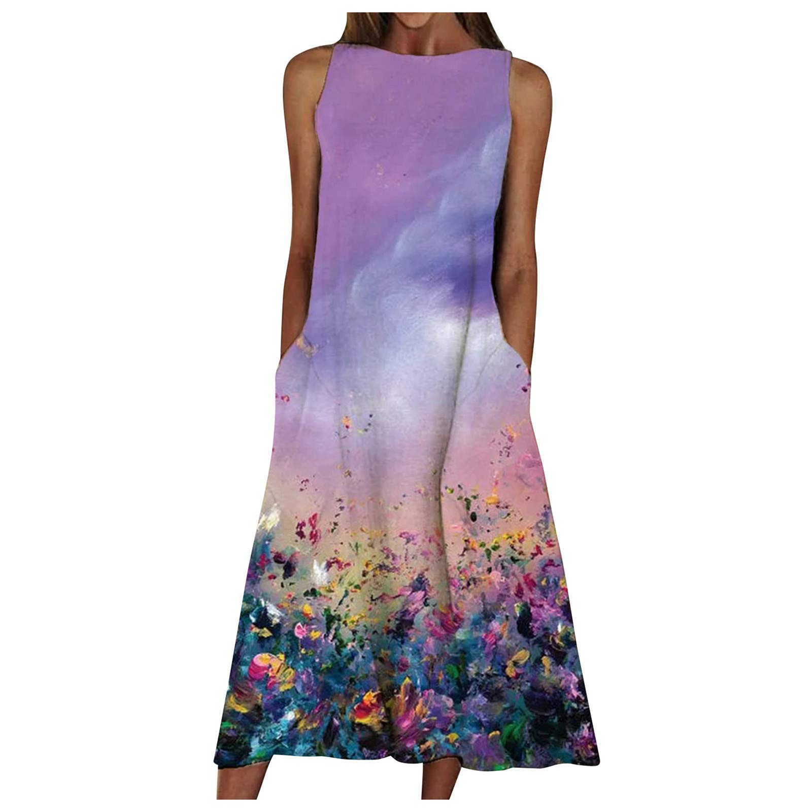 Women's Summer Swing Maxi Dress with Big Pocket Print - Round Neck Beach Dress for Holiday & Vacation Wear