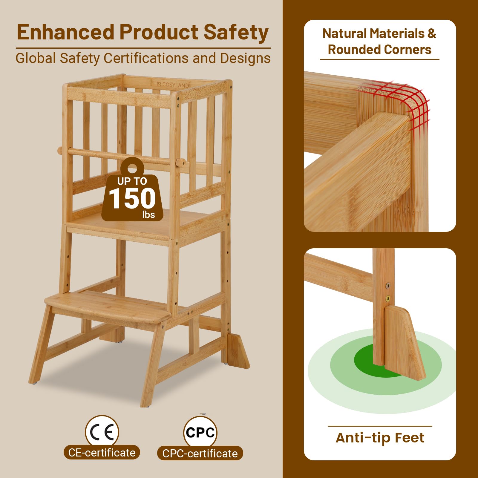 **COSYLAND Adjustable Toddler Step Stool - Natural Bamboo Learning Tower with Safety Rail for Kitchen, Playroom & Montessori - Lightweight & Sturdy Helper Stand for Kids**
