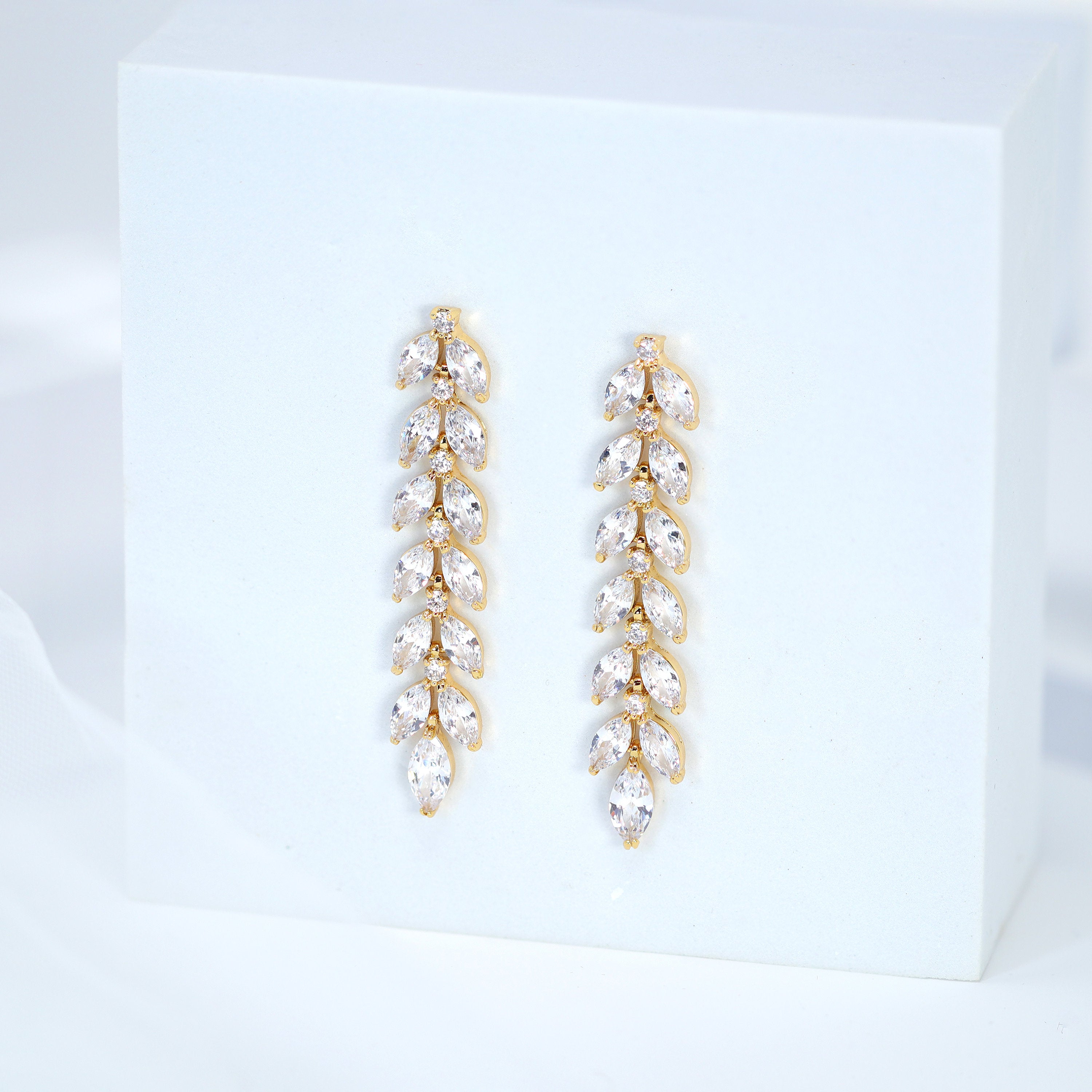 Swarovski Crystal Mystical Leaves Drop Diamond Earrings - Elegant Long Bridal Jewelry for Weddings, Parties & Special Occasions | Crystal Statement Earrings with CZ Stones
