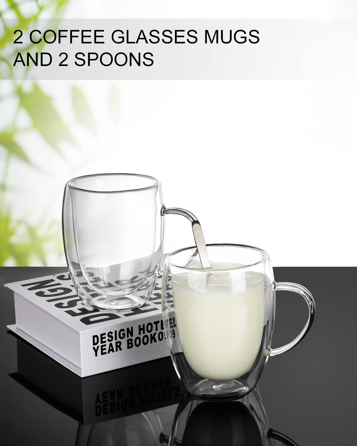 LIBWYS 2 Pack 350ml Double Walled Insulated Coffee Mugs with Lids & Spoons - Heat Resistant Glass Cups for Cappuccino, Latte, Tea - Perfect for Home, Office & Cafe Use