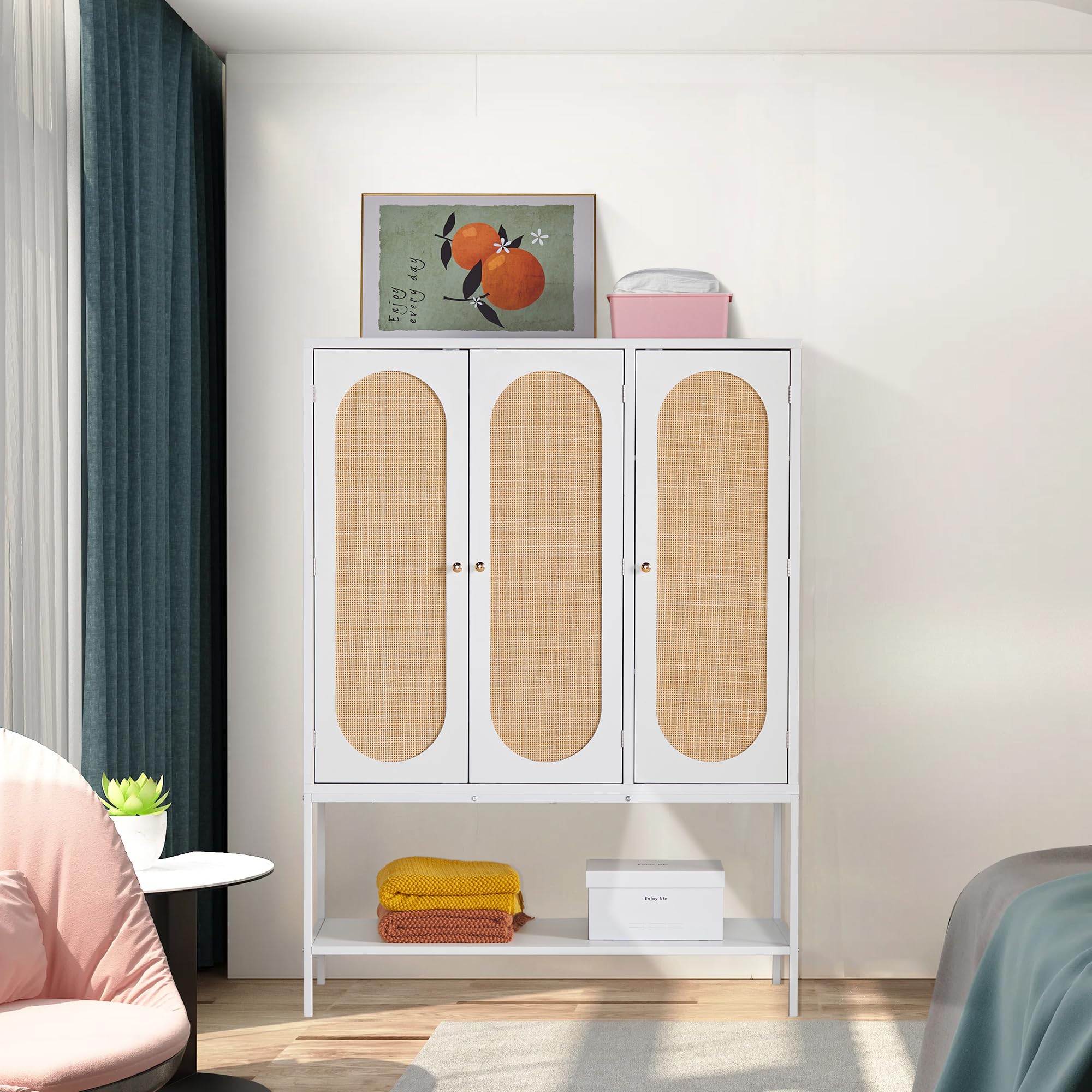 Freestanding Rattan Wardrobe Closet with Storage Cubes & Hanging Rod - 3-Door White Cabinet for Bedroom Organization | Perfect for Small Spaces, Apartments & Dorm Rooms
