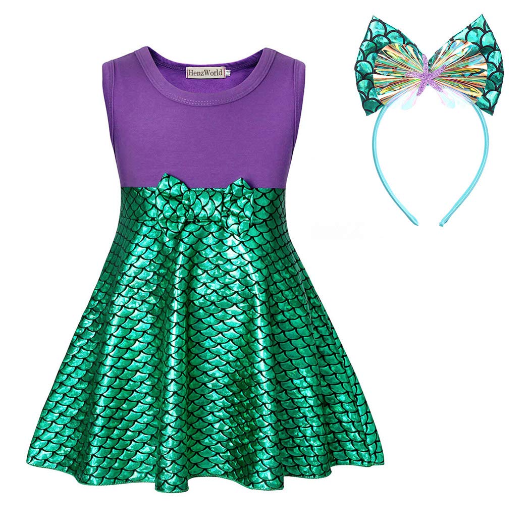 HenzWorld Little Mermaid Ariel Princess Costume for Girls - Kids Cosplay Dress with Headband for Birthday Party, Halloween, Dress Up & Role Play