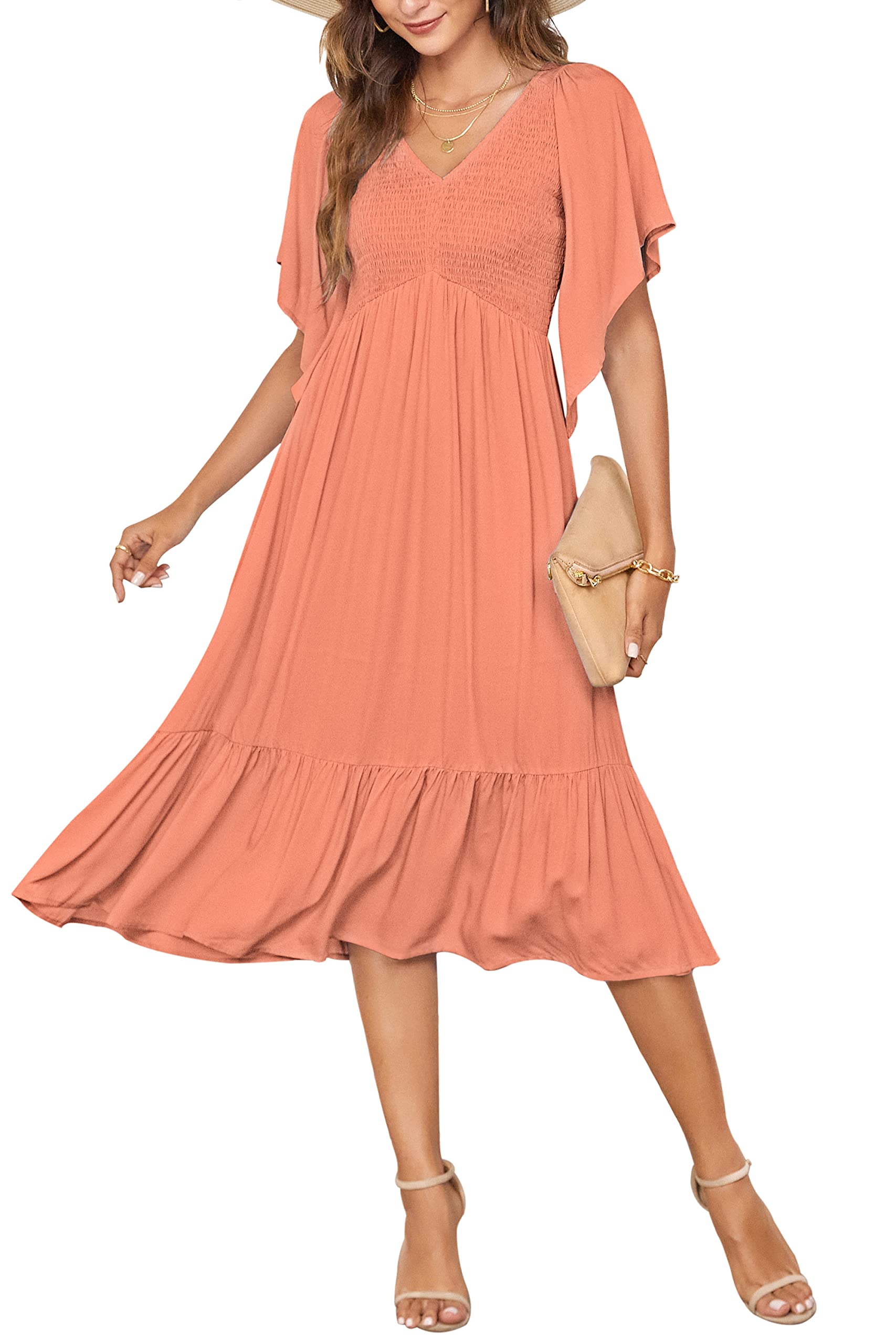 PYGFEMR Women's Summer Floral Print Empire Waist Dress - Smocked Flutter Short Sleeve V-Neck Midi Dress for Beach, Vacation & Casual Outings