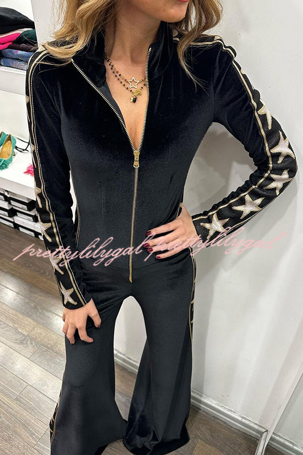 Stylish Star Print Velvet Patchwork Zipped Wide Leg Jumpsuit for Women | Trendy Plus Size Romper | Perfect for Parties, Date Nights & Casual Outings