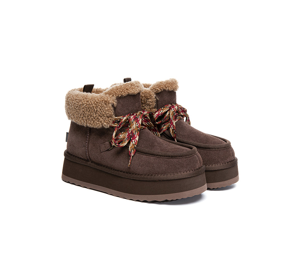 UGG EVERAU® Women's Sheepskin Wool Lace-Up Ankle Boots with Platform - Cozy Winter Fashion for Casual Outfits & Outdoor Activities