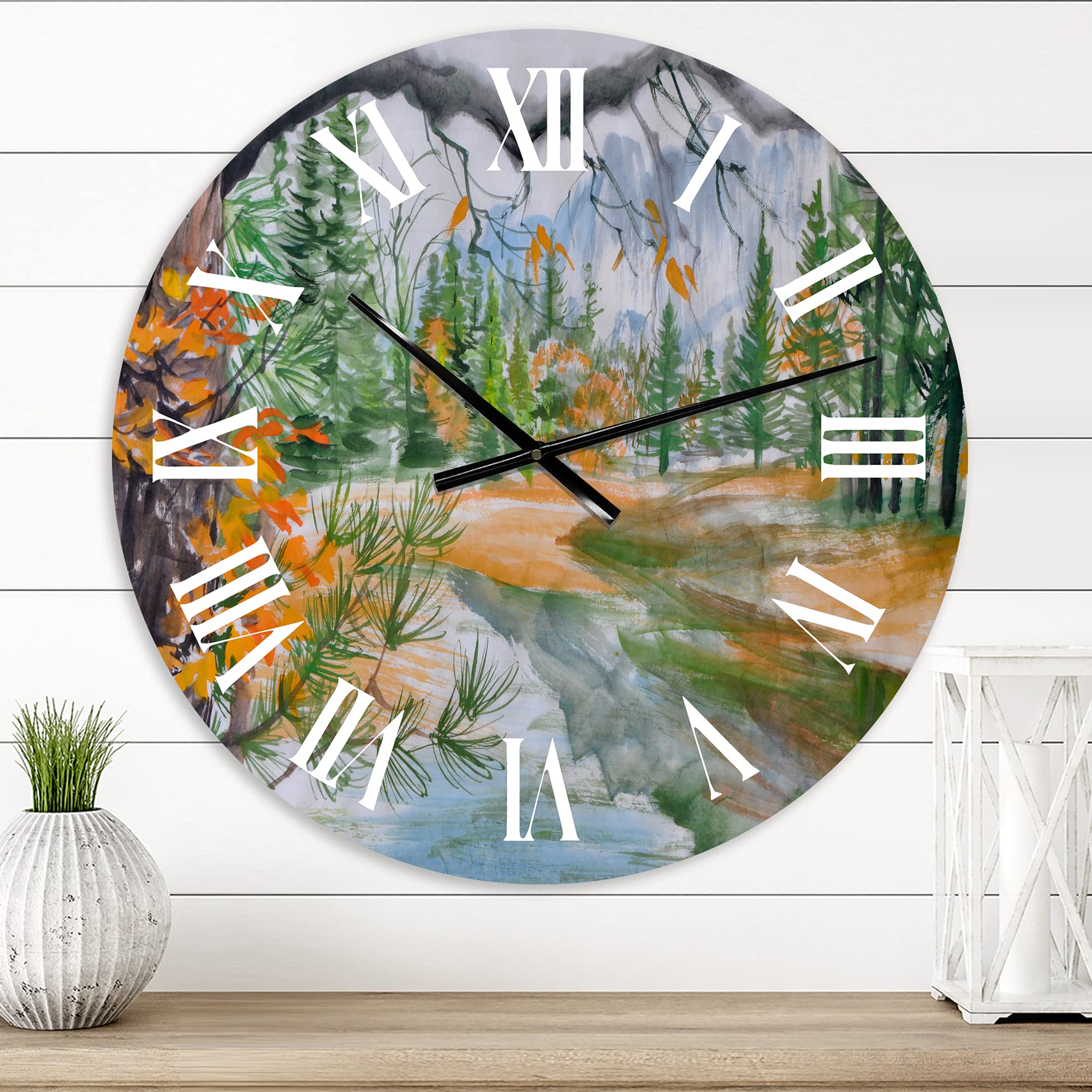 DesignQ Lake House Wall Clock - Autumn Forest River Landscape Large Wall Clock for Living Room, Bedroom, Office Decor | Perfect Rustic Home Décor & Nature-Inspired Gift