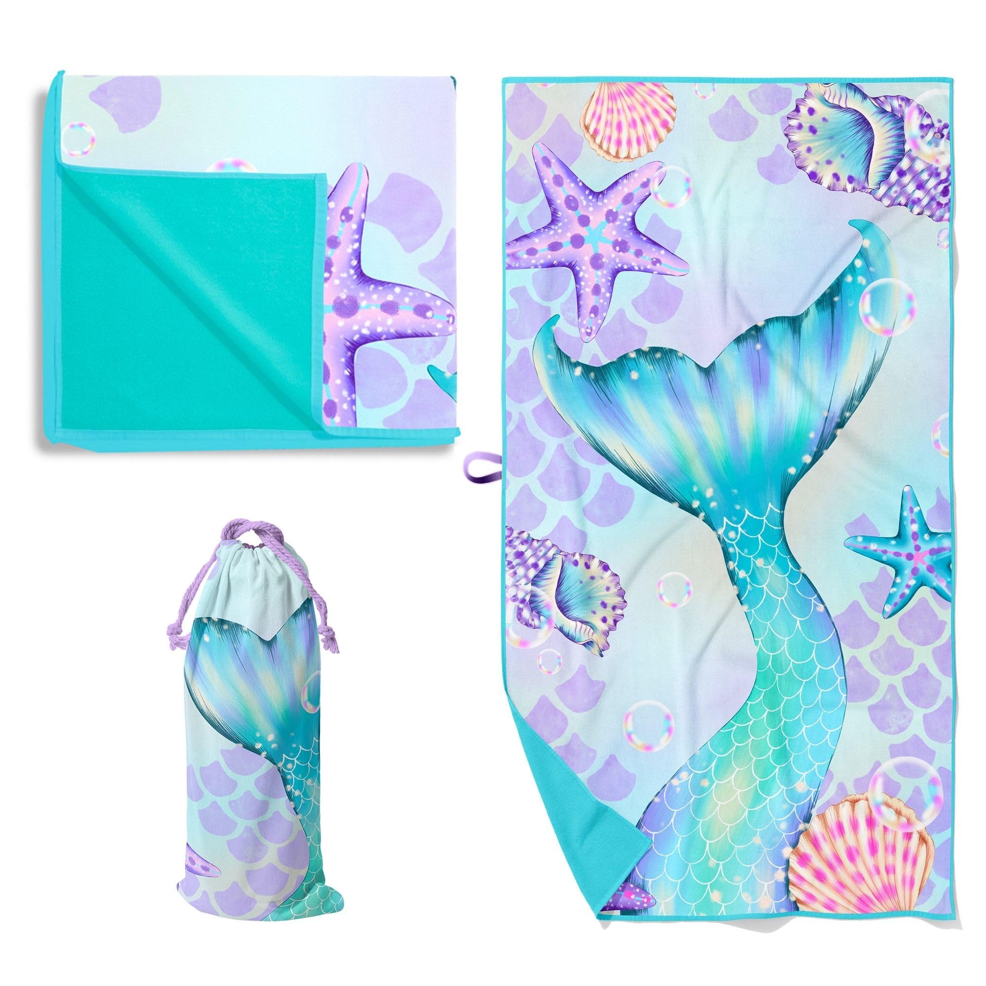 **Mermaid Kids Beach Towel for Girls 30x60 – Sand-Free, Quick-Dry Microfiber Swim Towel – Super Soft & Absorbent – Perfect for Bath, Pool, Travel, Camping – Ideal for Toddlers & Babies**    *(Use Case: Great for beach trips, swimming lessons, family vacations, and outdoor adventures!)*