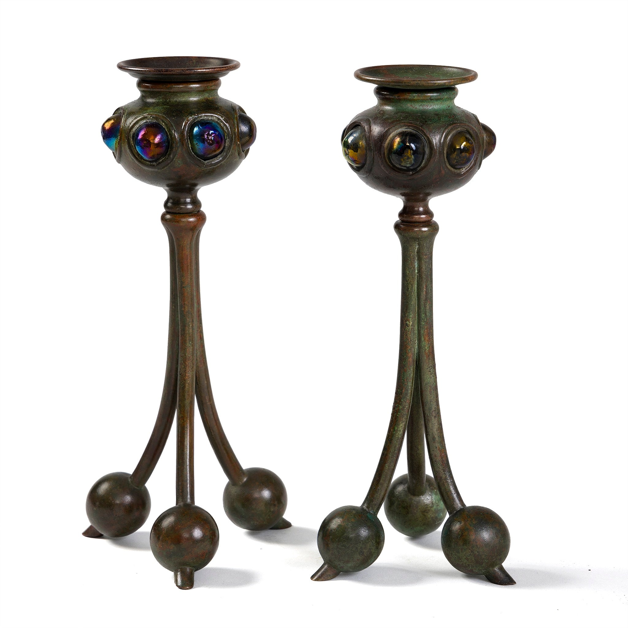 Tiffany Studios New York Jeweled Candlesticks - Pair of Vintage Bronze Candle Holders for Home Decor, Wedding Centerpieces & Luxury Gift Ideas
