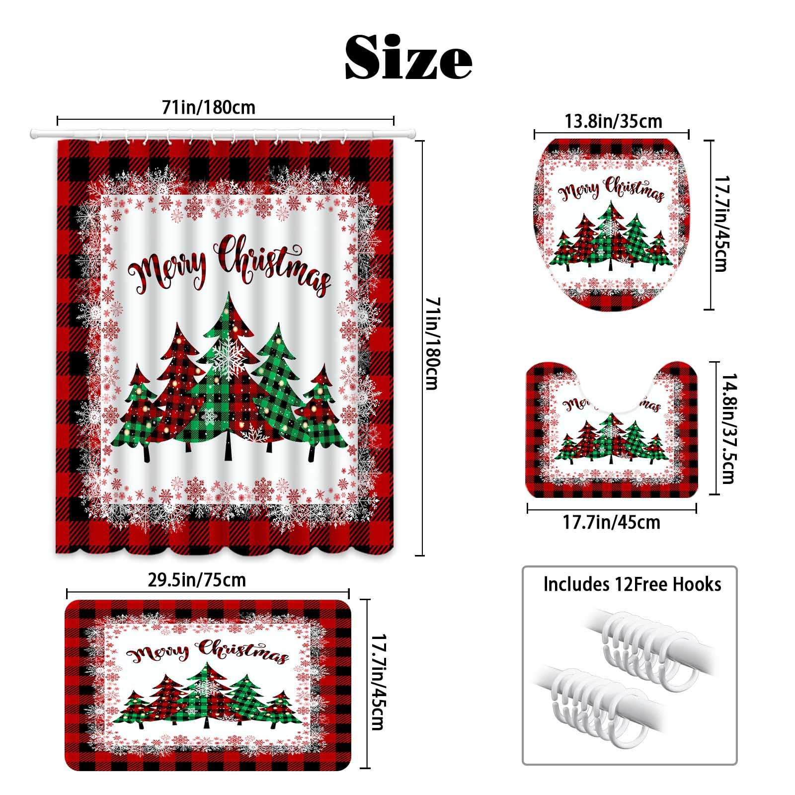 MEHOFOND 4-Piece Christmas Shower Curtain Set - Red Buffalo Plaid Bathroom Decor with Washable 72x72 Inch Shower Curtain, Rugs, Toilet Lid Cover & U-Shape Mat - Perfect for Holiday Bathroom Decorating & Festive Home Decor
