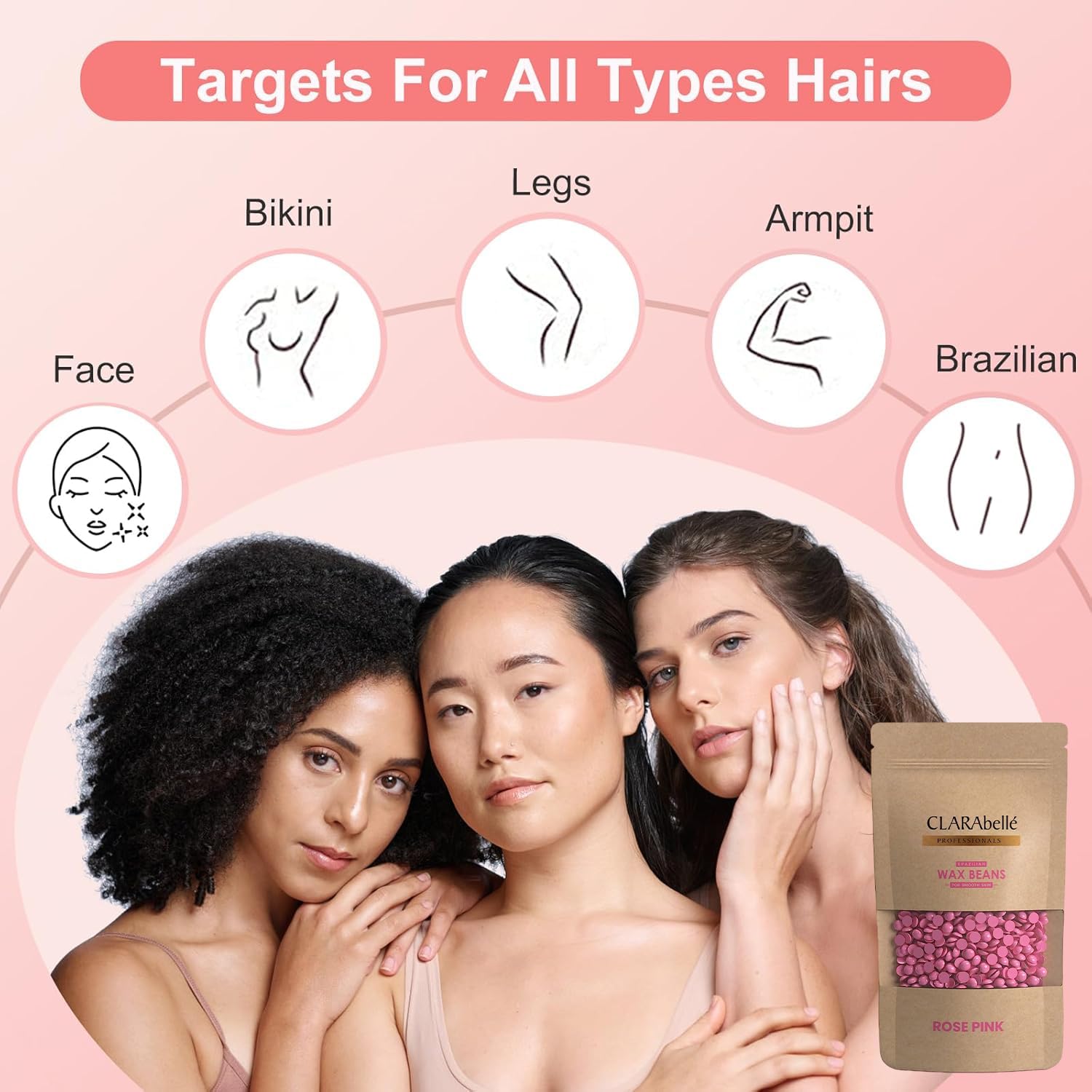CLARABELLE PROFESSIONALS Unisex Hard Wax Beans for Hair Removal - Rose Pink Stripless Wax, Painless & Gentle for Smooth Skin (50g) | Ideal for Upper Lip, Arms, Legs, Bikini & Full Body Waxing at Home or Salon