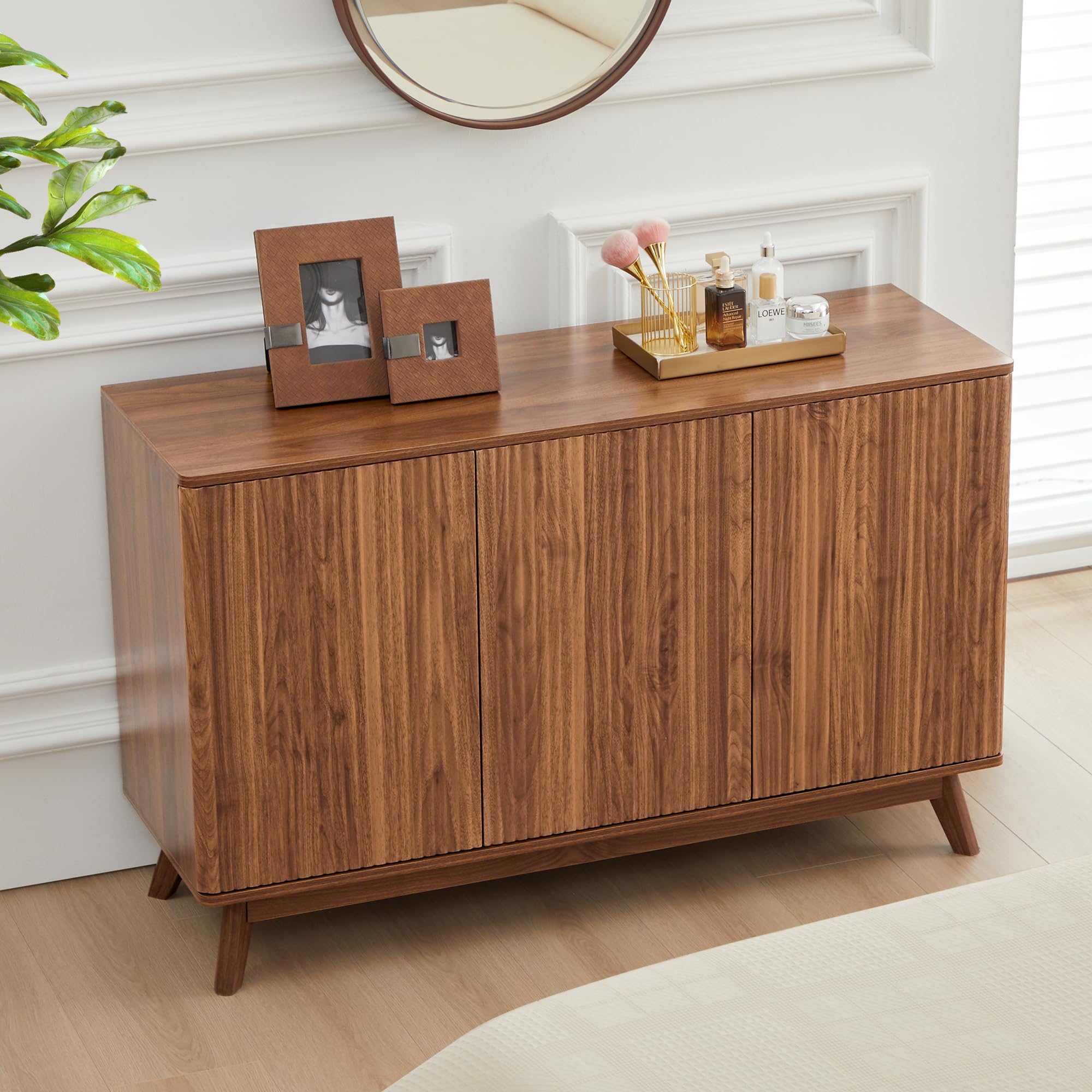 Mid Century Walnut Sideboard Cabinet - Farmhouse Fluted Credenza with 3 Doors, Long Buffet Storage for Kitchen, Dining Room, Living Room & Office | Perfect for TV Stand, Coffee Bar & Entryway Organization
