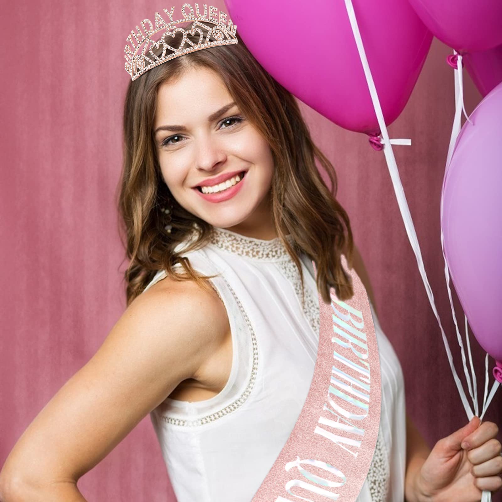 Elegant Rose Gold Rhinestone Tiara & Queen Crown Set with Sash - Birthday Princess Party Decor for Women, Girls - Perfect for Birthday Celebrations, Bridal Showers, and Special Occasions