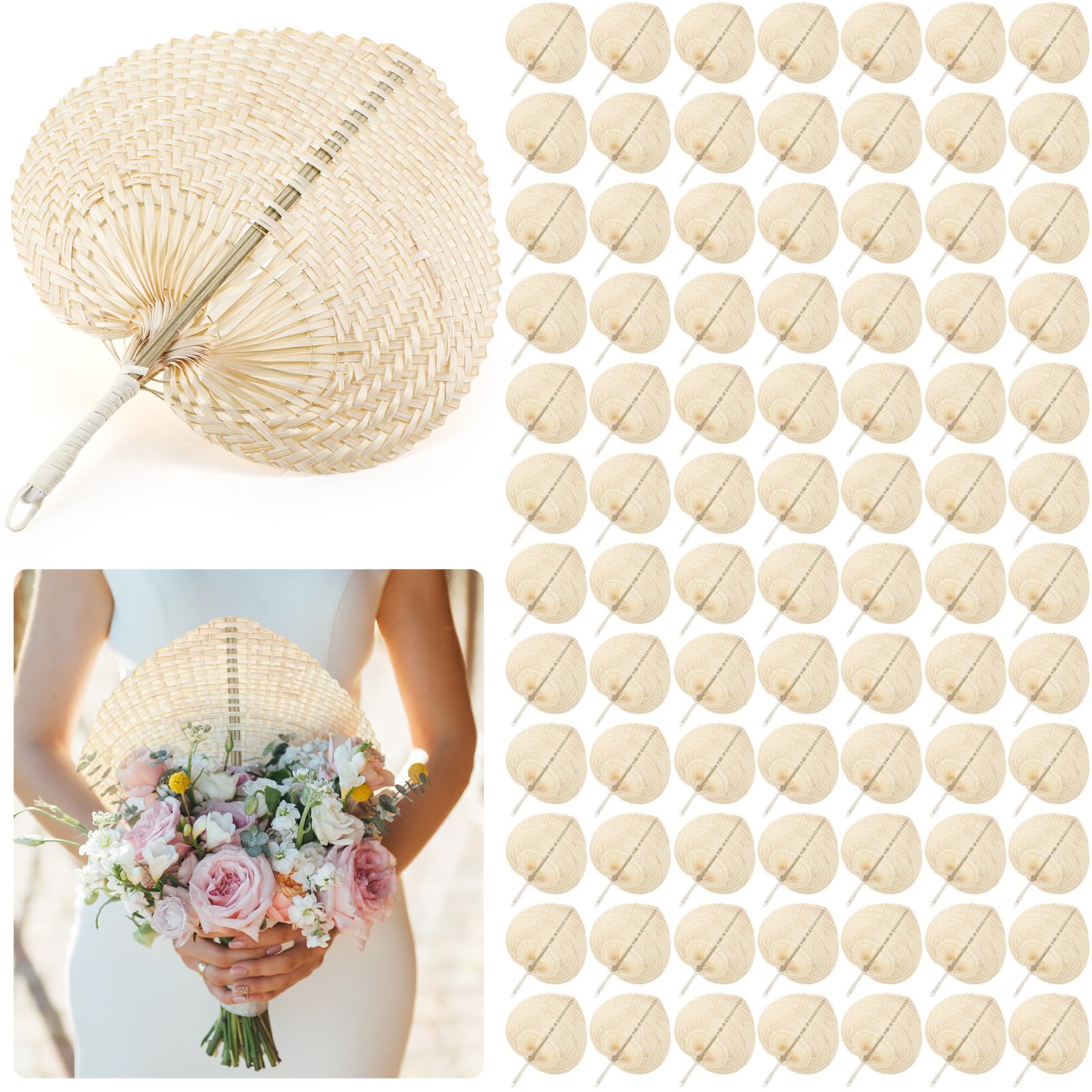 BBTO Handmade Woven Bamboo Fans - Natural Raffia Hand Fans for Summer Cooling, Bulk 100 Pieces - Perfect for Indoor/Outdoor Use, Weddings, Parties, Farmhouse Decor & Wall Hangings