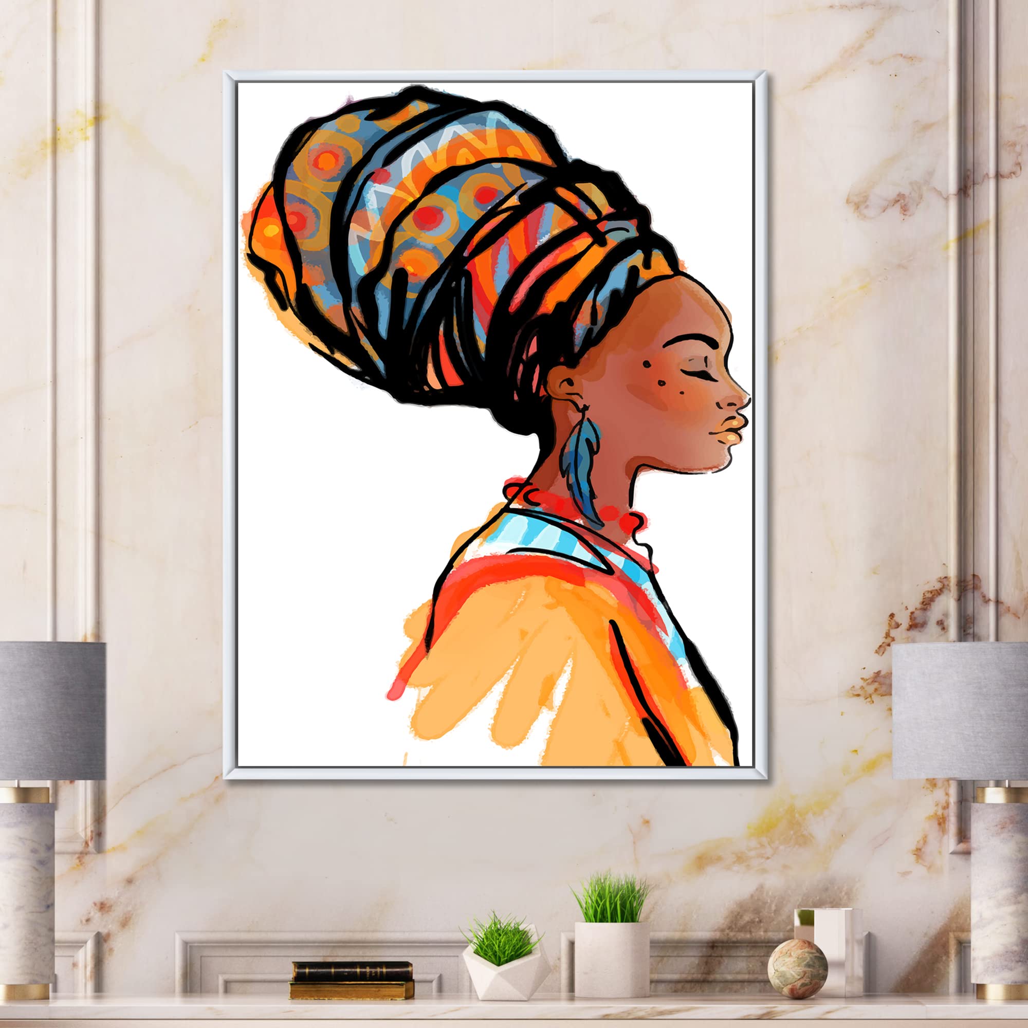 DesignQ African American Woman with Turban - Modern Framed Canvas Wall Art Print for Living Room, Bedroom & Office Decor
