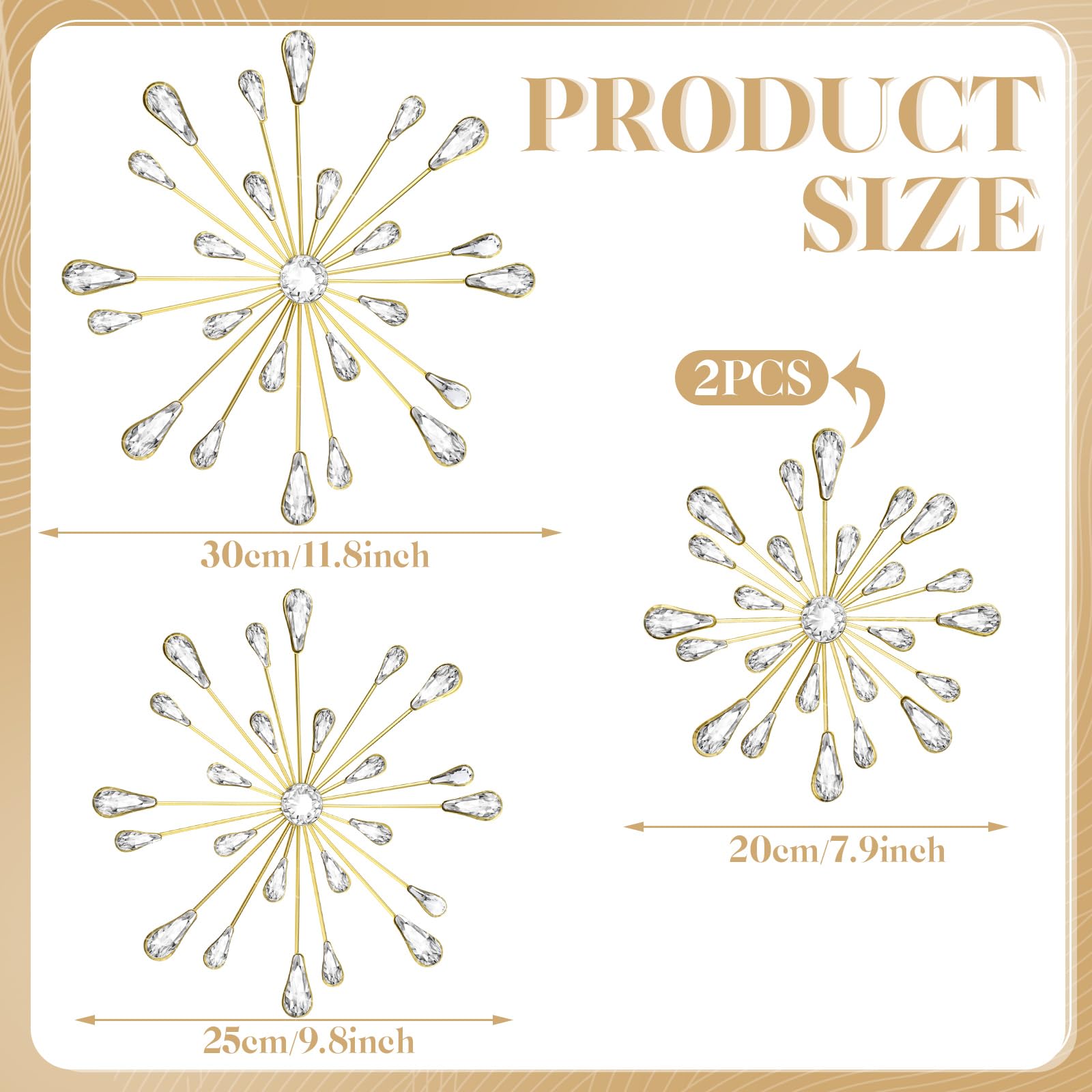 Hicarer 4-Piece Starburst Wall Decor Set - Crystal Teardrop 3D Hanging Rhinestone Radial Metal Artwork, Modern Gold Accent Sculptures for Living Room, Home Office, Bedroom - Perfect for Home Decor, Wedding, Party & Gift Giving