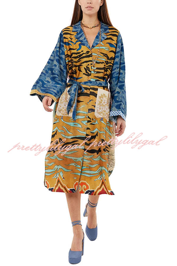 Exotic Tropical Jungle Tiger Print Long Sleeve Belted Kimono Coat with Pockets - Boho Chic Outerwear for Women, Perfect for Beach Cover-ups, Music Festivals & Casual Loungewear