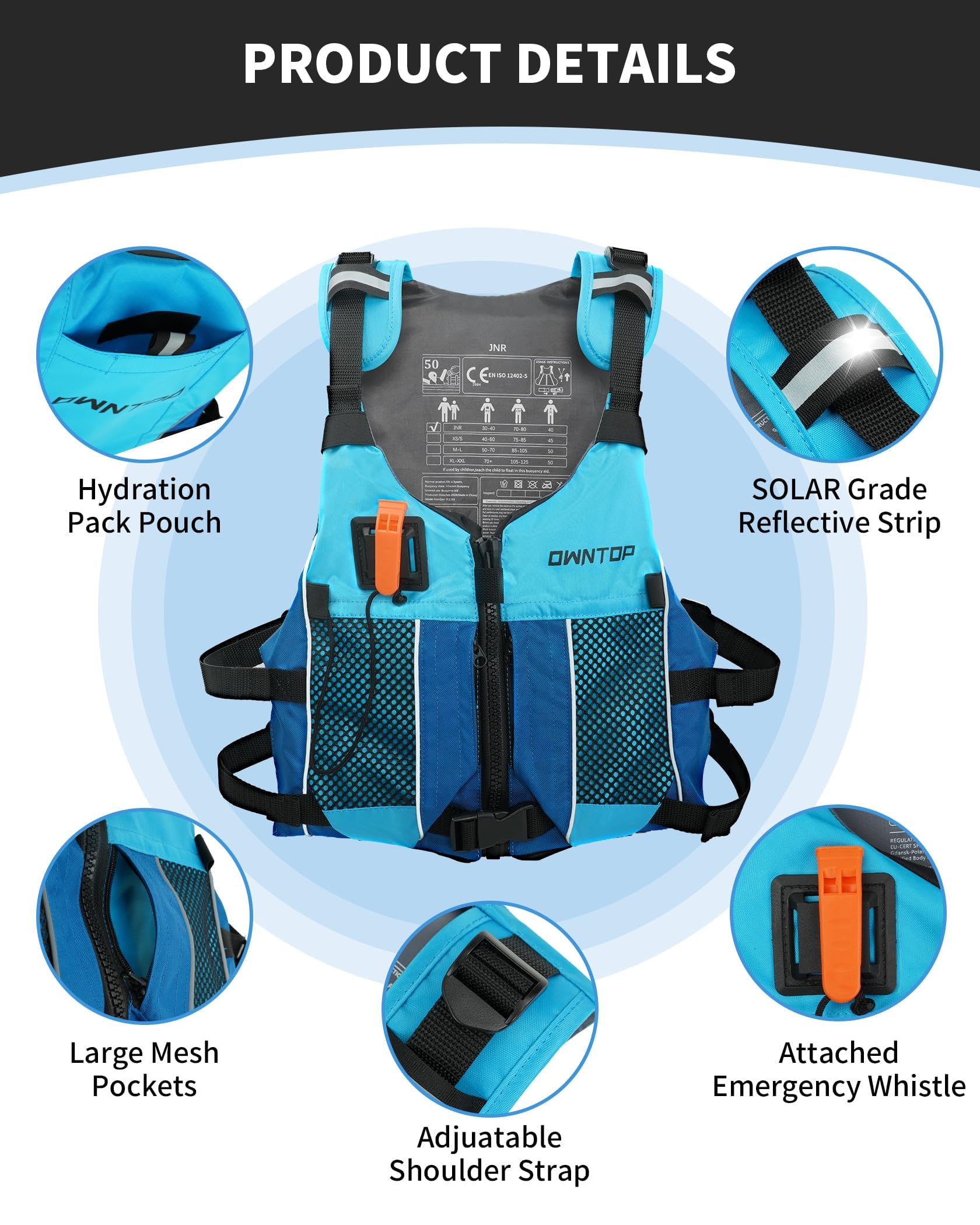 Owntop Swim Jacket for Adults & Youth - Ultra-Thin Hydration Pack with Dual Mesh Pockets & Attached Whistle - Lightweight Design for Maximum Mobility - Perfect for Kayaking, Boating, Fishing, and All Water Sports Activities