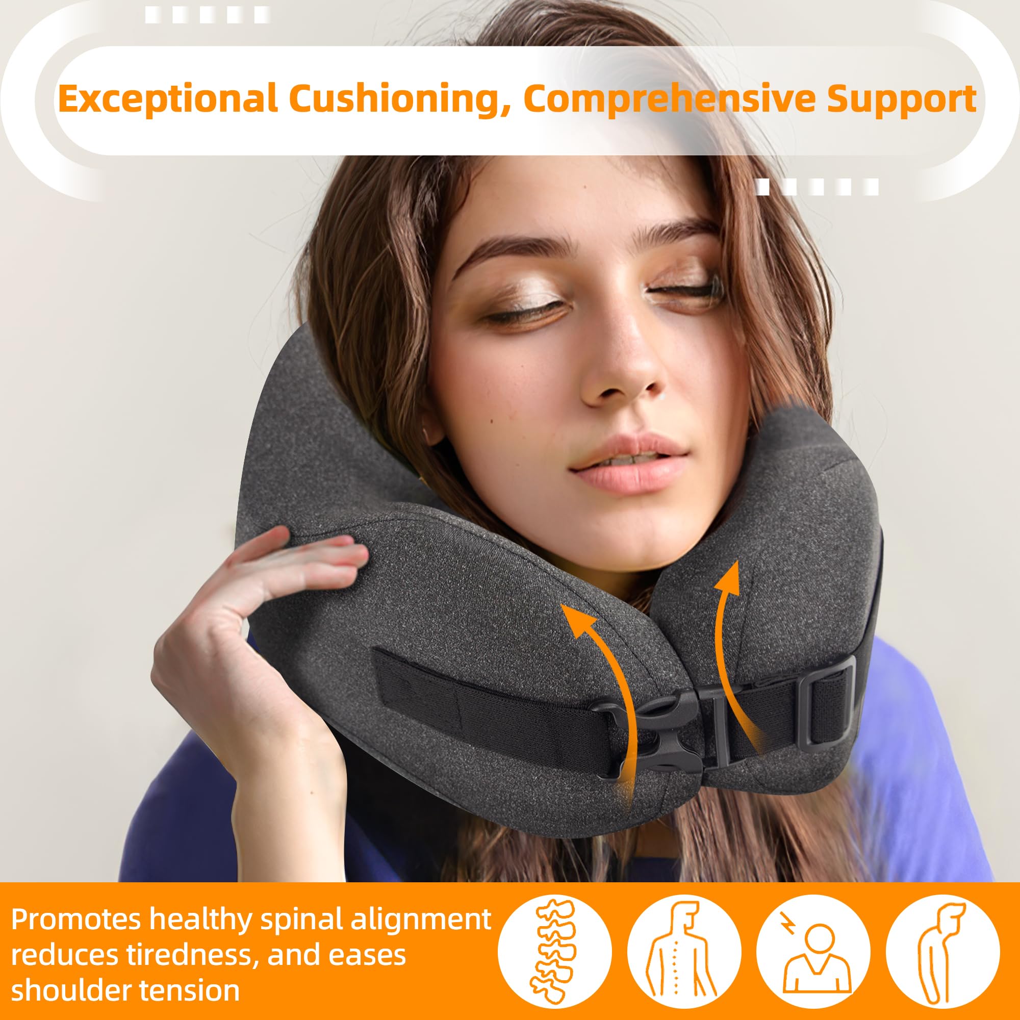 Memory Foam Travel Neck Pillow for Airplane Sleeping - 3D Contoured Support with Eye Mask & Earplugs - Long Flight Essentials Set in Gray - Perfect for Business Trips, Redeye Flights & Road Trips