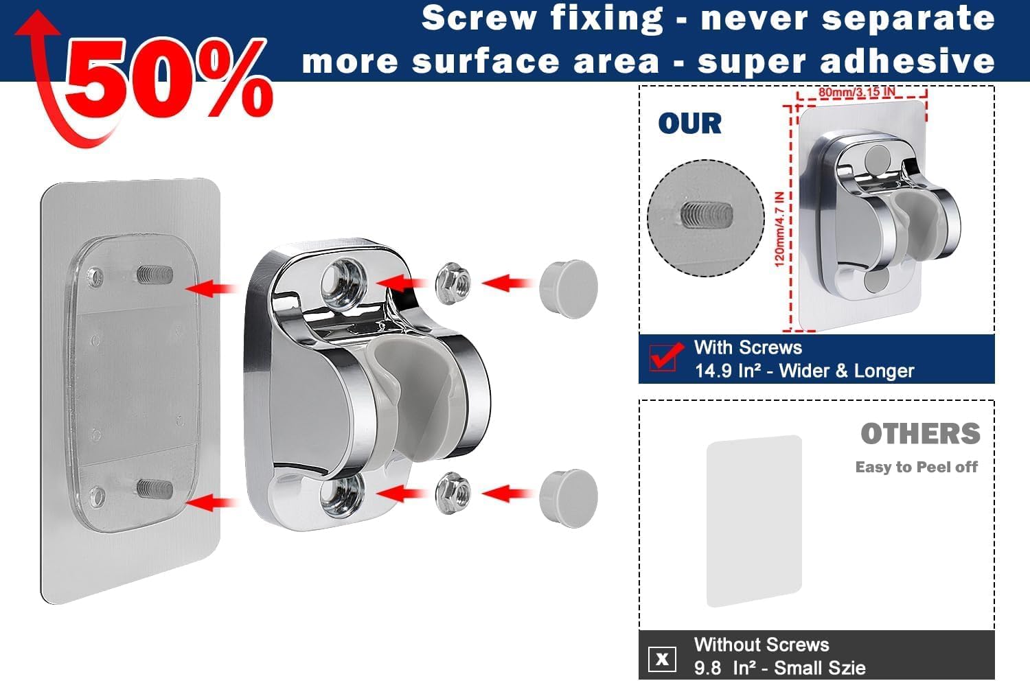 BONIRY Adjustable Self-Adhesive Shower Head Holder - No Drill Wall Mount, Waterproof Chrome Finish for Handheld Shower - Perfect for Bathroom, RV & Small Spaces