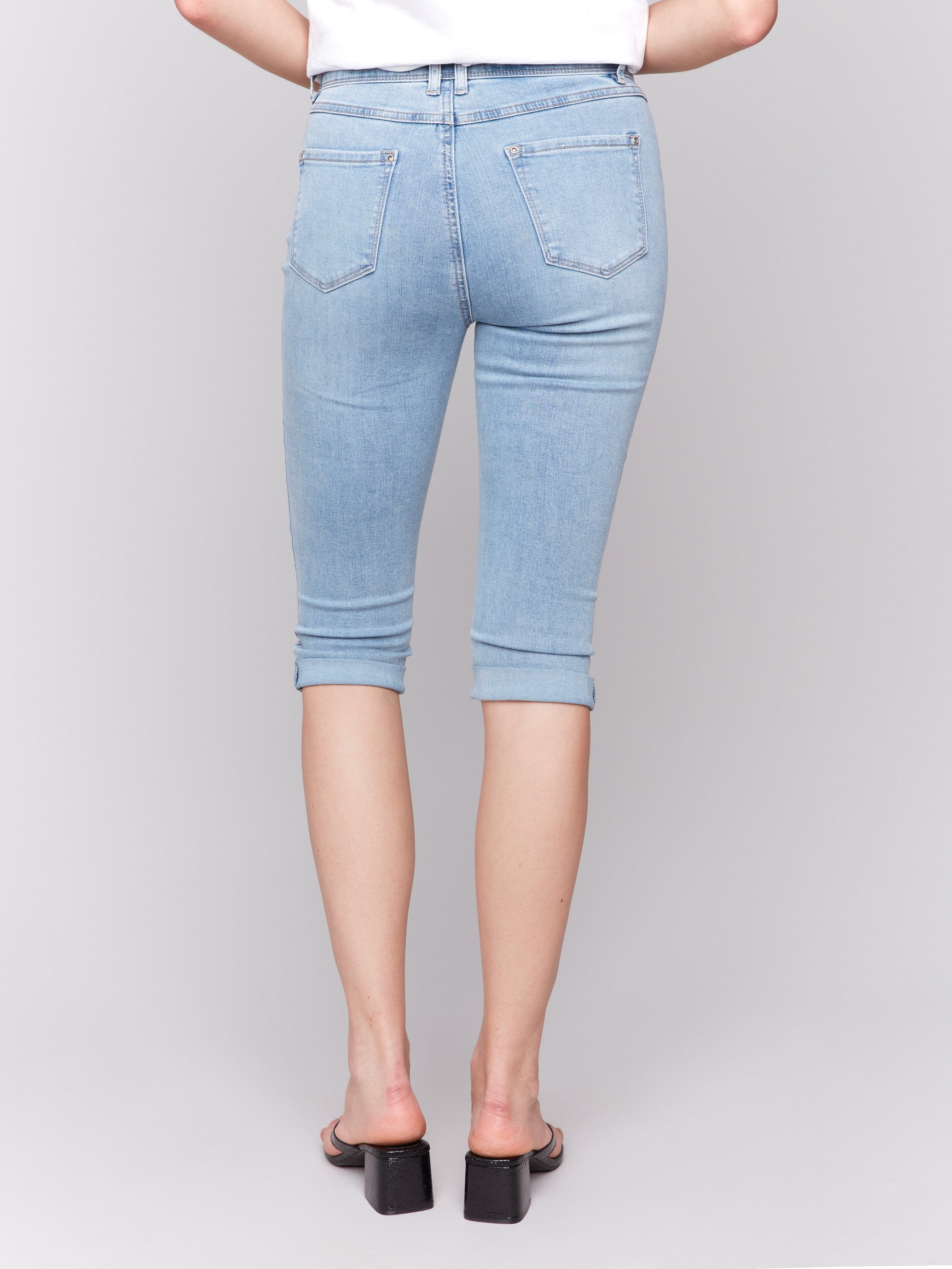 Stretch Denim Pedal Pushers for Women - Light Blue Wash | Comfortable High-Waisted Capri Pants for Casual Wear, Summer Outfits & Biking