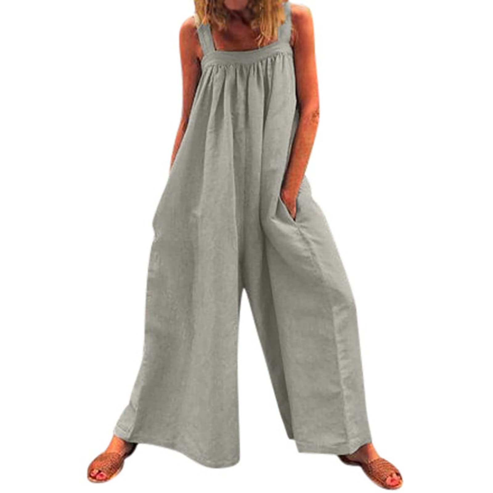 FAVIPT Women's 2022 Summer Overalls - Casual Linen Cotton Romper with Sleeveless Design & Wide Leg Pants | Perfect for Beach Outings, Vacation Wear & Summer Fashion