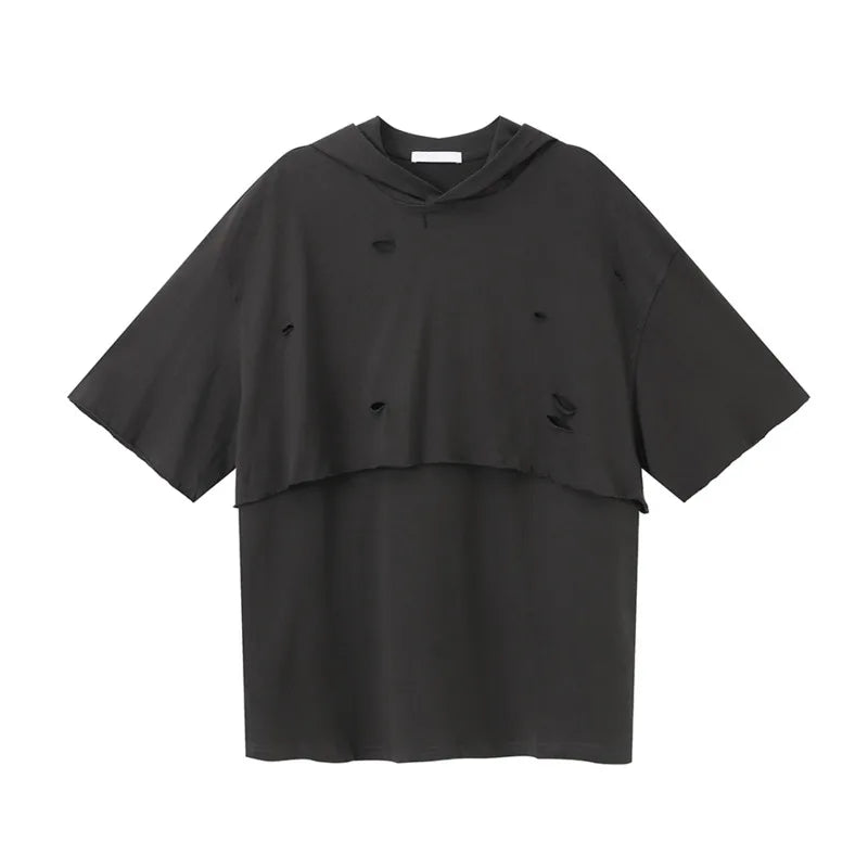 American Design Men's Casual T-Shirt - Round Neck Short Sleeve Loose Fit Pullover Top with Hood Hole | Summer Fashion Tee for Streetwear, Gym & Everyday Wear | Style 9C6376